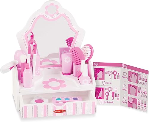 Melissa & Doug Juego de madera para salón de belleza, tocador de 18 piezas con juguetes de simulación, maquillaje, espejo, accesorios y más,