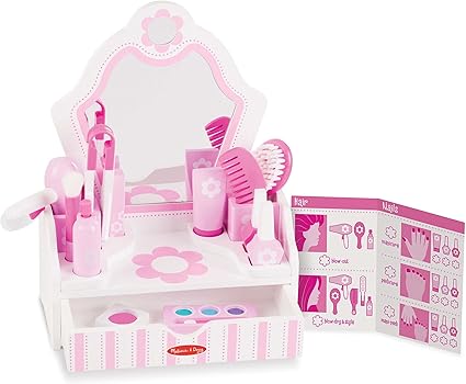 Melissa & Doug Wooden Beauty Salon Play Set, 18-Piece Vanity with Pretend Play Toys, Makeup, Mirror, Accessories & More, Preschool Toys for Girls & Boys Ages 3+ - FSC Certified