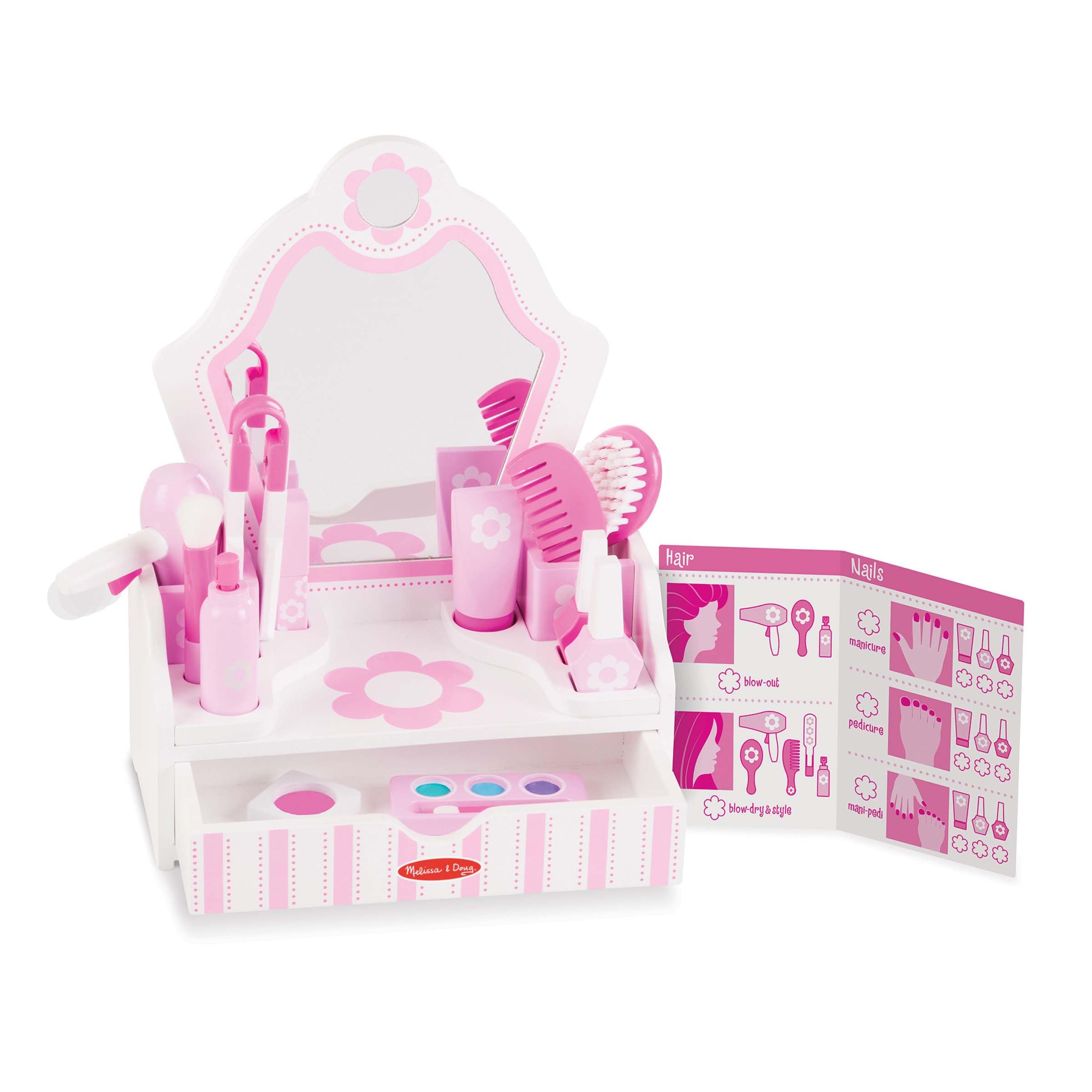 Melissa & Doug Wooden Beauty Salon Play Set, 18-Piece Vanity with Pretend Play Toys, Makeup, Mirror, Accessories & More, Preschool Toys for Girls & Boys Ages 3+ - FSC Certified