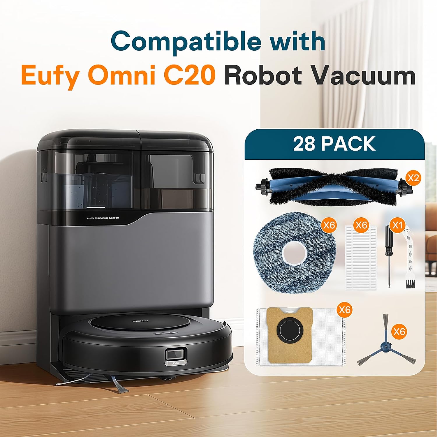 28 Pack Replacement Parts for Eufy Omni C20 Robot Vacuum, 2 Main Brushes, 6 HEPA Filters, 6 Mop Pads, 6 Side Brushes, 6 Dust Bags, Accessories Kit