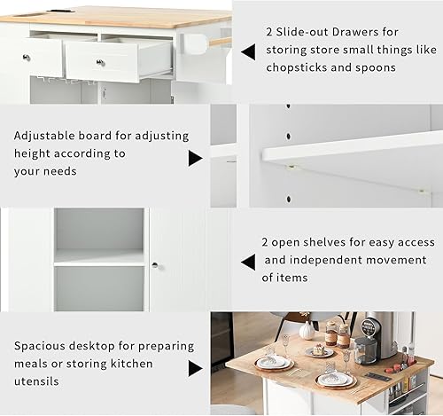 Miniatura 5 de NIOIIKIT Carrito de cocina con dos cajones y estantes abiertos, carrito de cocina con soportes para tazas de vino, mesa de cocina con toma de