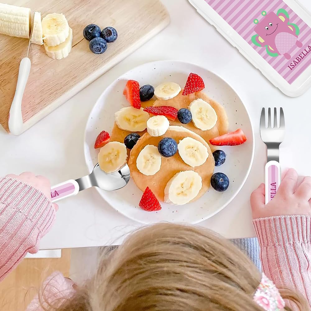 Personalized Stainless Steel Kids Utensils Set Custom Name on Kids Forks Knife and Spoons for 3 Pcs Kid Cutlery Set with Case (Square Animal)