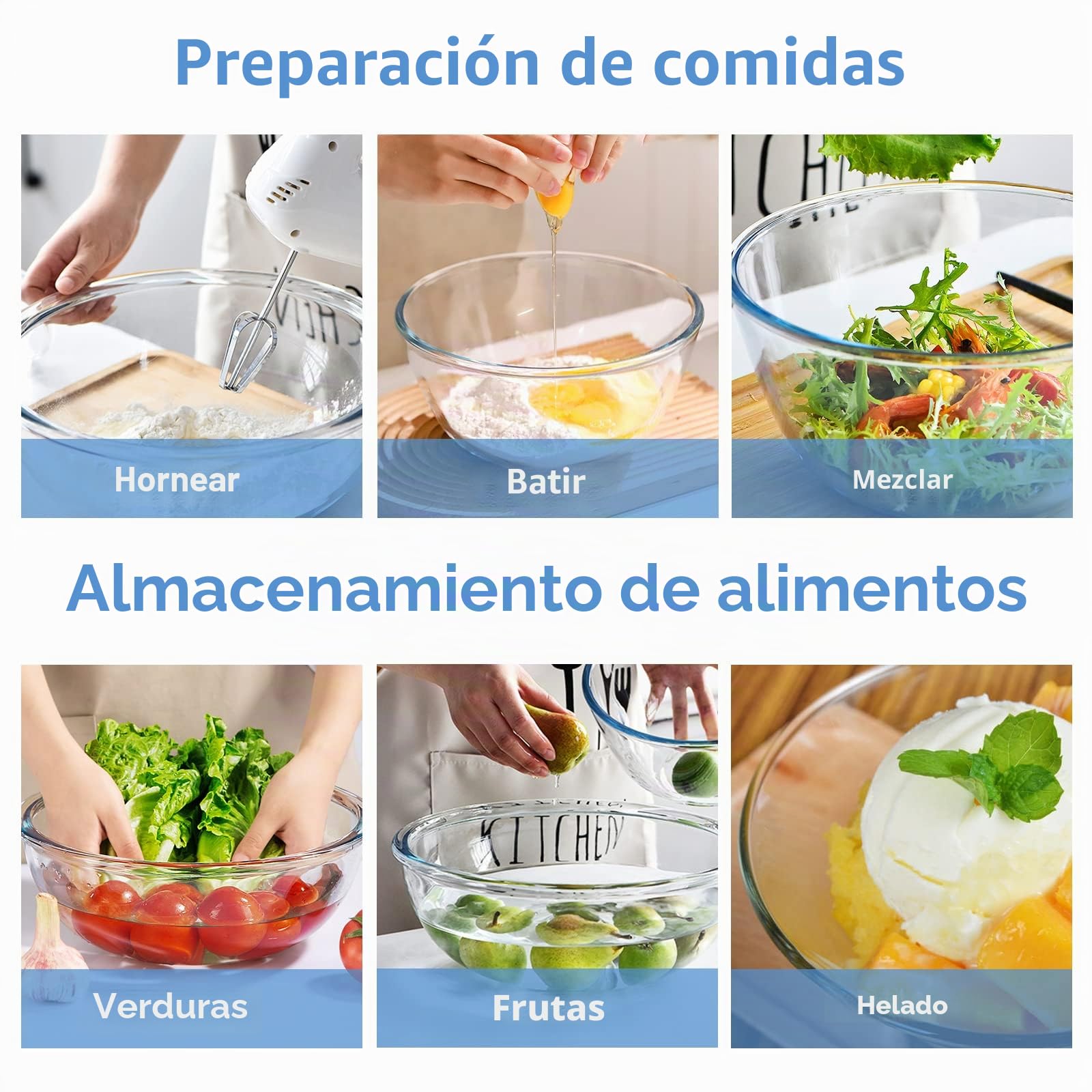 WhiteRhino Juego de 4 cuencos de vidrio con tapas, cuencos de vidrio resistentes al calor (3.7 cuartos de galón, 2.1 cuartos de galón, 1.1 cuartos de galón)