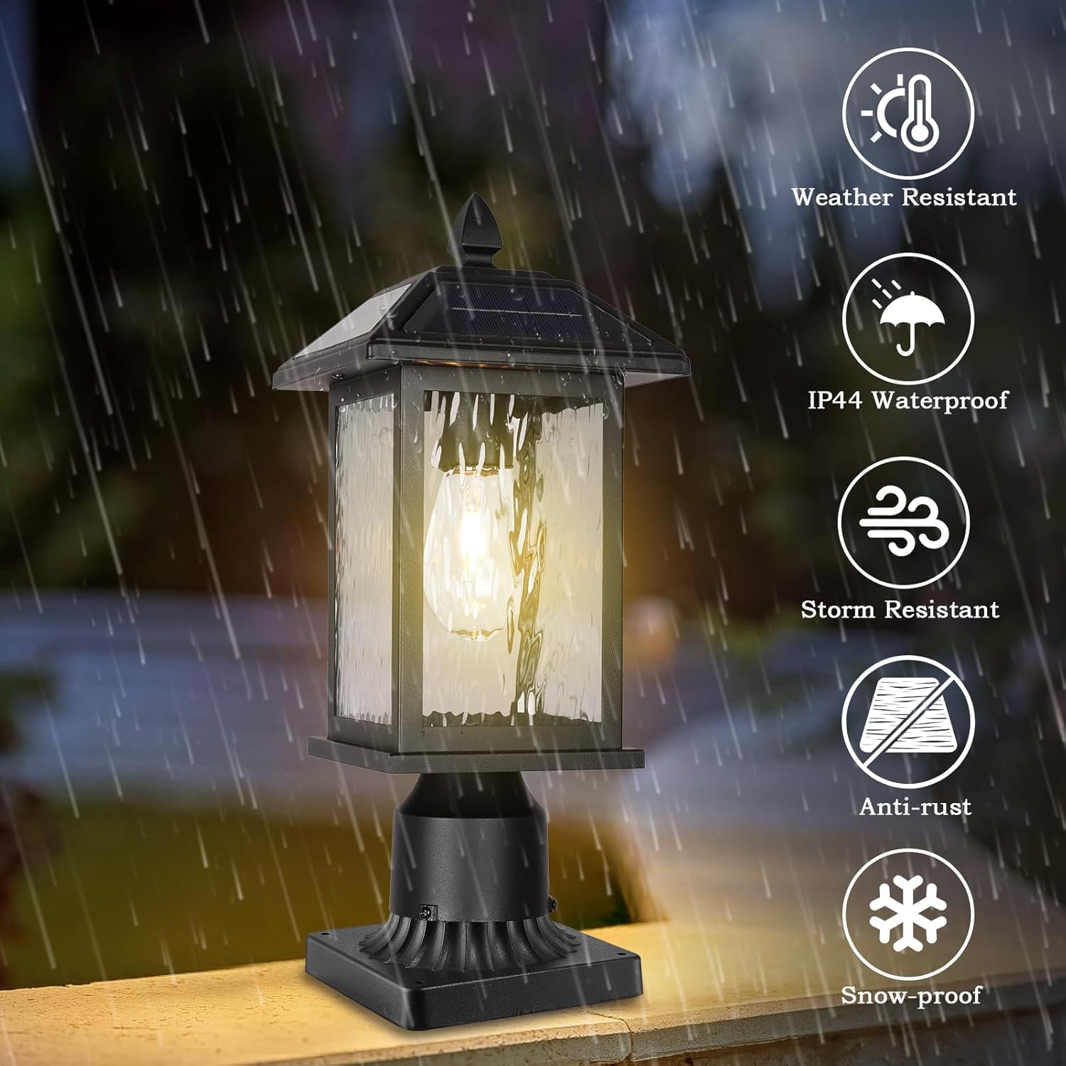 Solar Outdoor Post Light Fixture，Dusk to Dawn Modern Exterior Pillar Lantern with Black Finish & Water Ripple Glass，Waterproof Outside Pole Light for Garden, Backyard, Courtyard