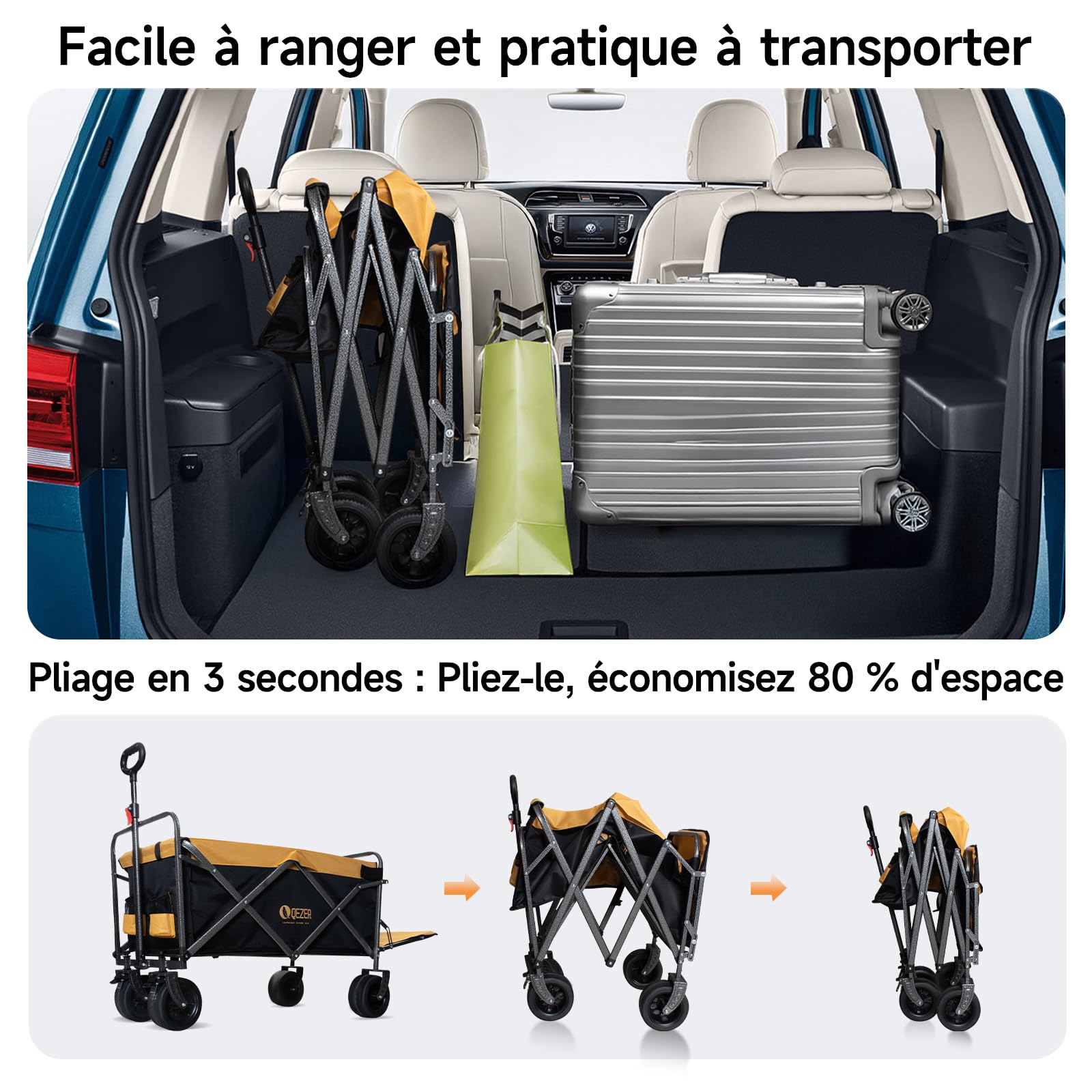 Chariot Pliable avec Roues Tout Terrain,Capacité de Charge 220 kg/270 kg, Chariot de Transport Multifonction pour Plage，Jardin, Camping, Pêche et Barbecue (Noir et Jaune, Grande Taille)