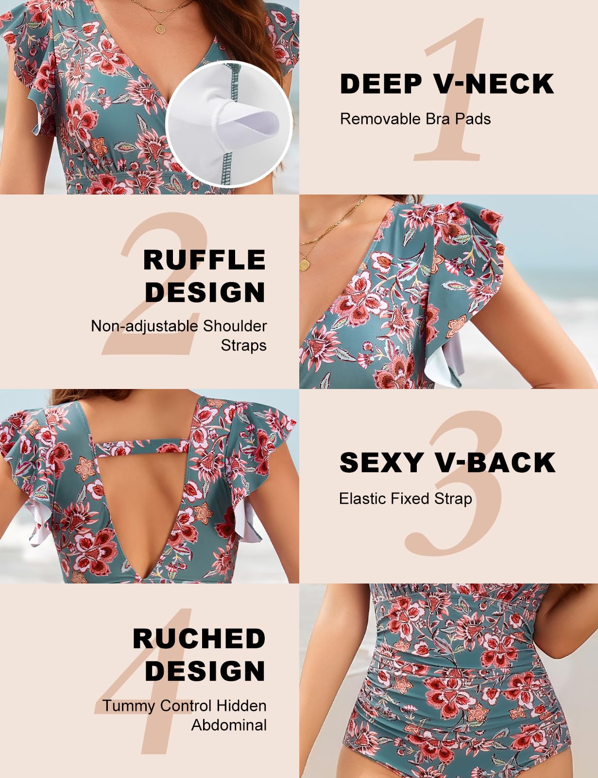 Yuson Bañadores Mujer de Una Pieza Reductores Cuello en V Fruncido Trajes de Baño Sexy Monokini Talla Grande