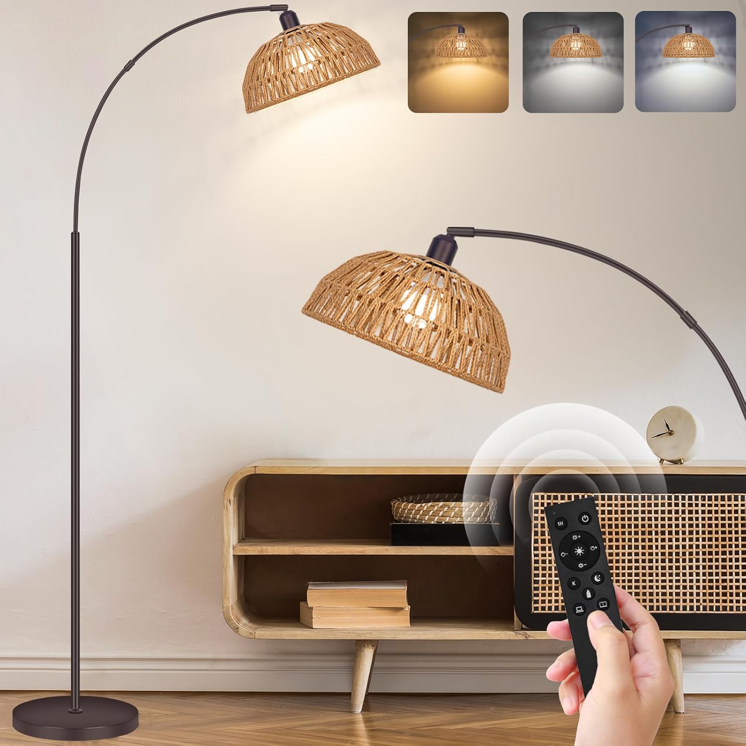 Boho Floor Lamp with Remote – Bronze Tall Lamp with Stepless Dimmable Bulb and Adjustable Rattan Shade for Living Room, Bedroom, Office