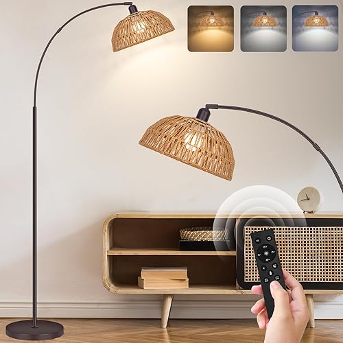 Miniatura 7 de Lámpara de pie bohemia, lámpara de pie de ratán de granja, lámparas de pie de arco bohemio con pantalla de ratán ajustable para colgar, interruptor