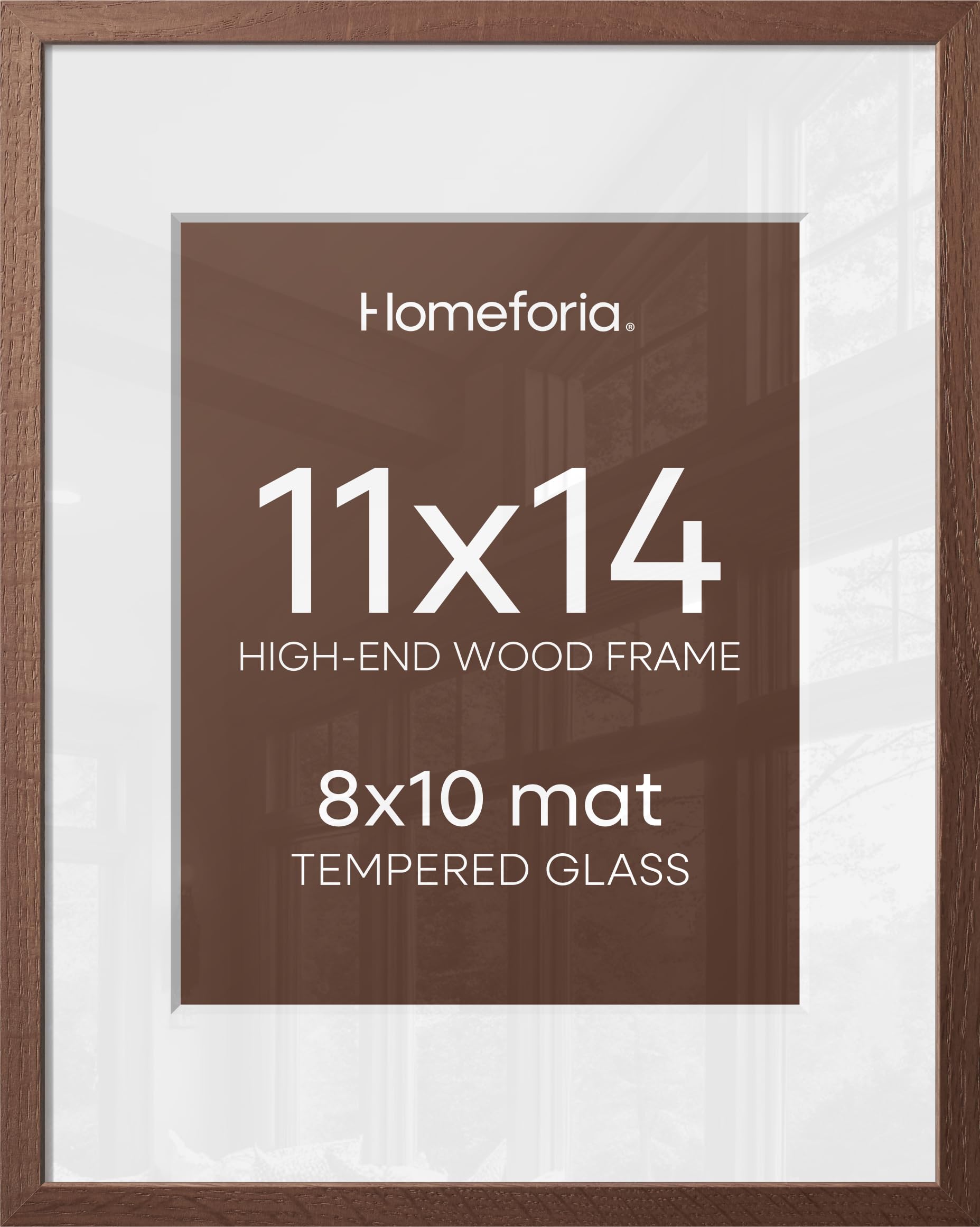 Homeforia 11x14 Brown Oak Picture Frame, High-End Wood, 8x10 Mat, Glass | High End Solid Oak Wood, Tempered Glass, Acid-Free 8x10 Removable Mat, 11x14 Edge-to-Edge Display 14x11, Wall Kit, Set Of 4
