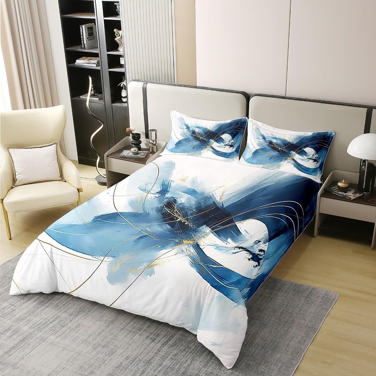 Manfei King Size 100% Cotton Aesthetic Artwork Duvet Cover Blue Graffiti Bedding Set Gold Lines Geometric Comforter Cover Set White Blue Navy Bedspread Cover Room Decor Bedclothes No Filling