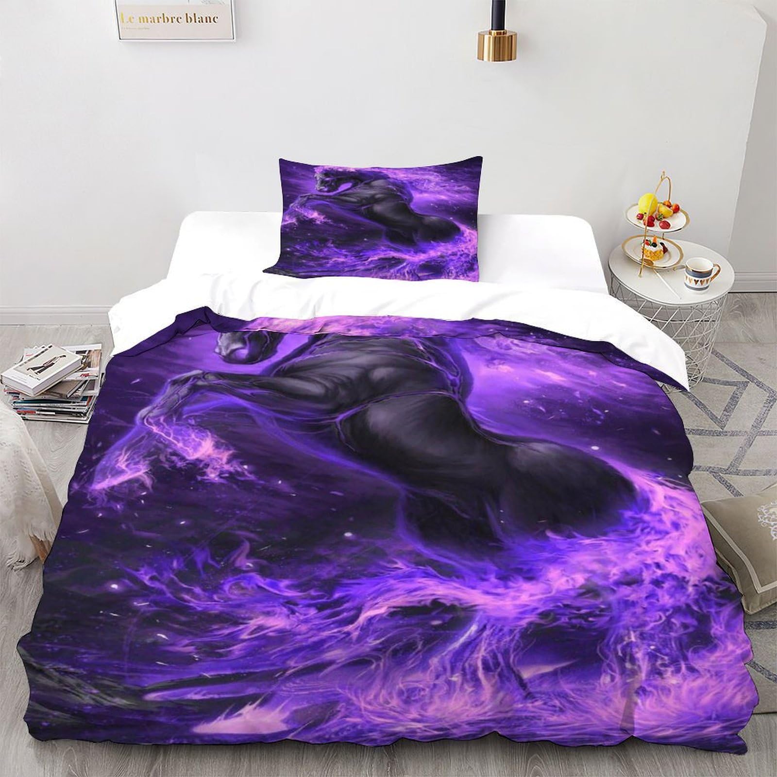 Housse de couette cheval violette 135x200cm anti-pli lit single ensemble de literie microfibre