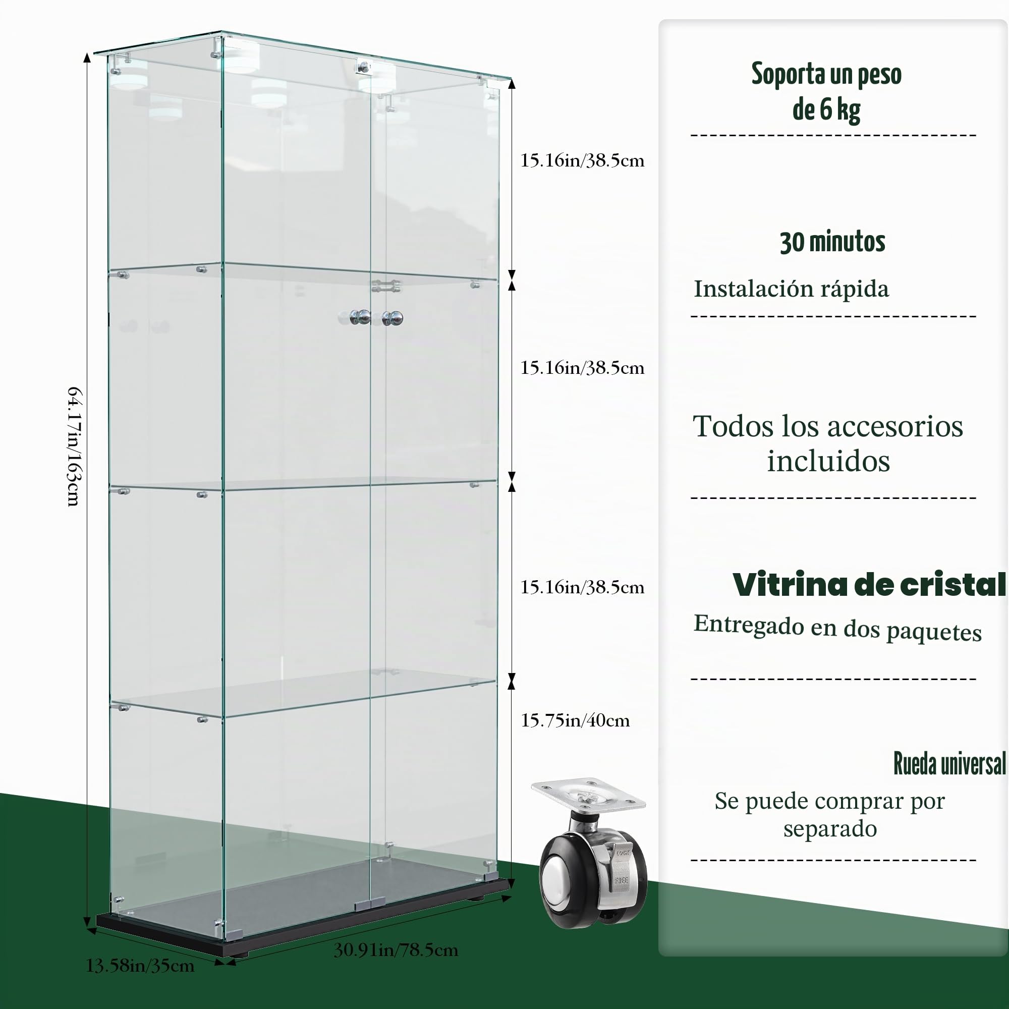 Vitrina de Vidrio de 4 Capas con luz LED y 2 Puertas, Vitrina de Vidrio Templado con Cerradura, vitrinas de colección Independiente, estantería para Sala de Estar (Negro, 4 Capas 2 Puertas-A)
