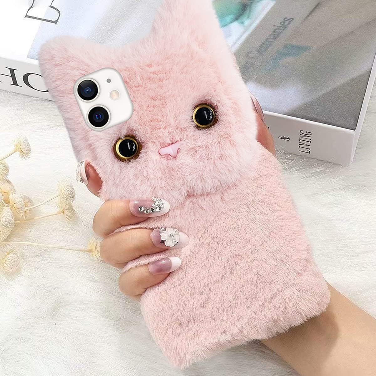 Mikikit Plush Phone Case for 11 Soft Furry Cat Design Protective Cover with TPU Base Shockproof Scratch Resistant