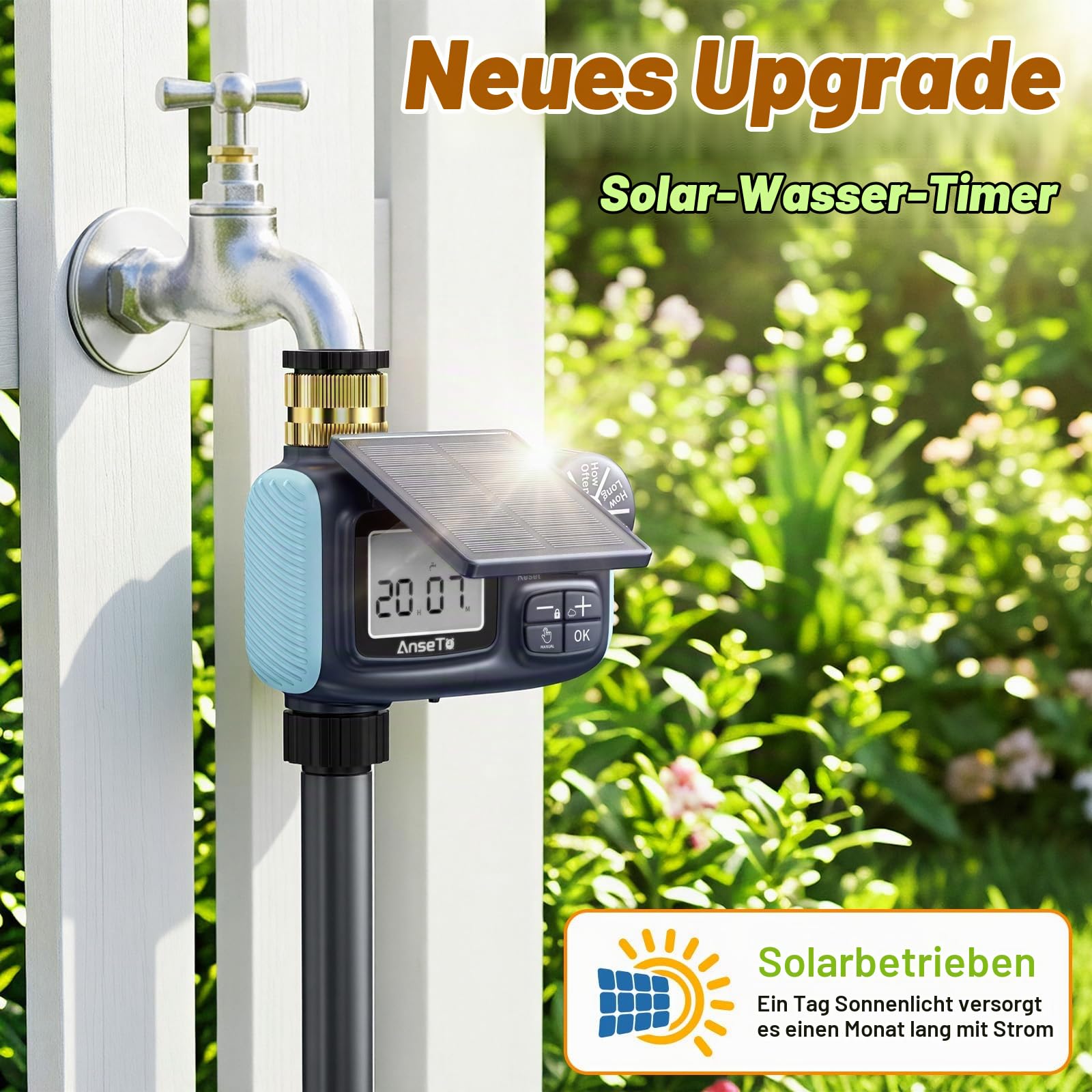Solar Bewässerungscomputer mit Solar- & USB-C-Aufladung für Garten