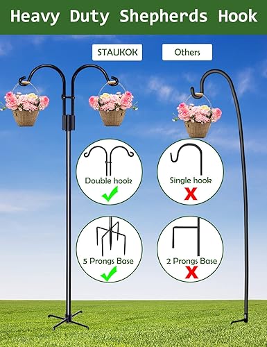 Miniatura 4 de Ganchos de pastor dobles para exteriores, paquete de 2 postes de comedero de aves de 76 pulgadas con base de 5 puntas, gancho de jardín resistente