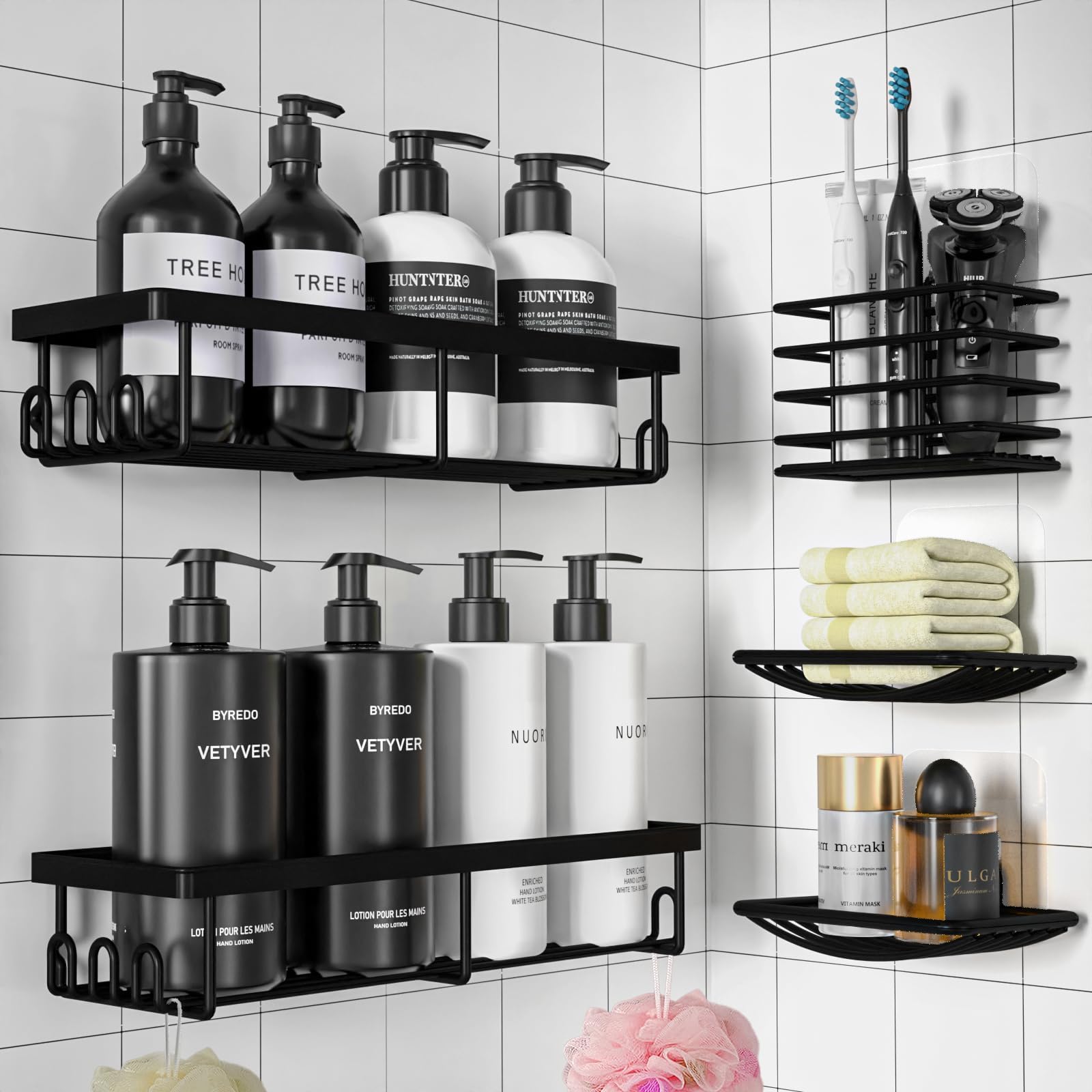 Sakugi Shower Caddy 5 Pieces - Stainless Steel Organizer, Rustproof Shower Shelves for Inside Shower, No Drilling Adhesive Caddy for Bathroom, Black