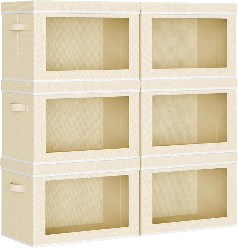 Collapsible & Stackable Fabric Storage Bins with Front Window, 6 Pack for Closet, Bedroom, Nursery, Home & Office, Beige, 14.9 x 9.8 x 9.8 Inches