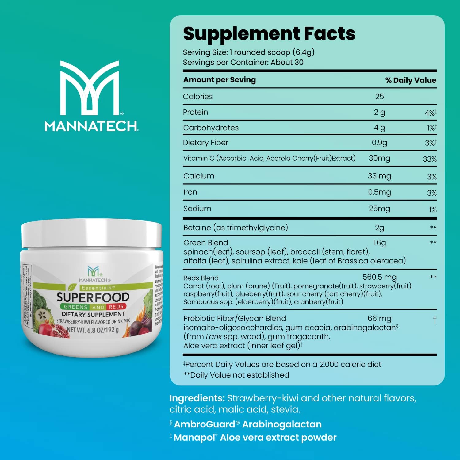 Mannatech Superfood Greens and Reds 192g, (Strawberry-Kiwi) Phytonutrients from Beet Root Powder, Spirulina Powder