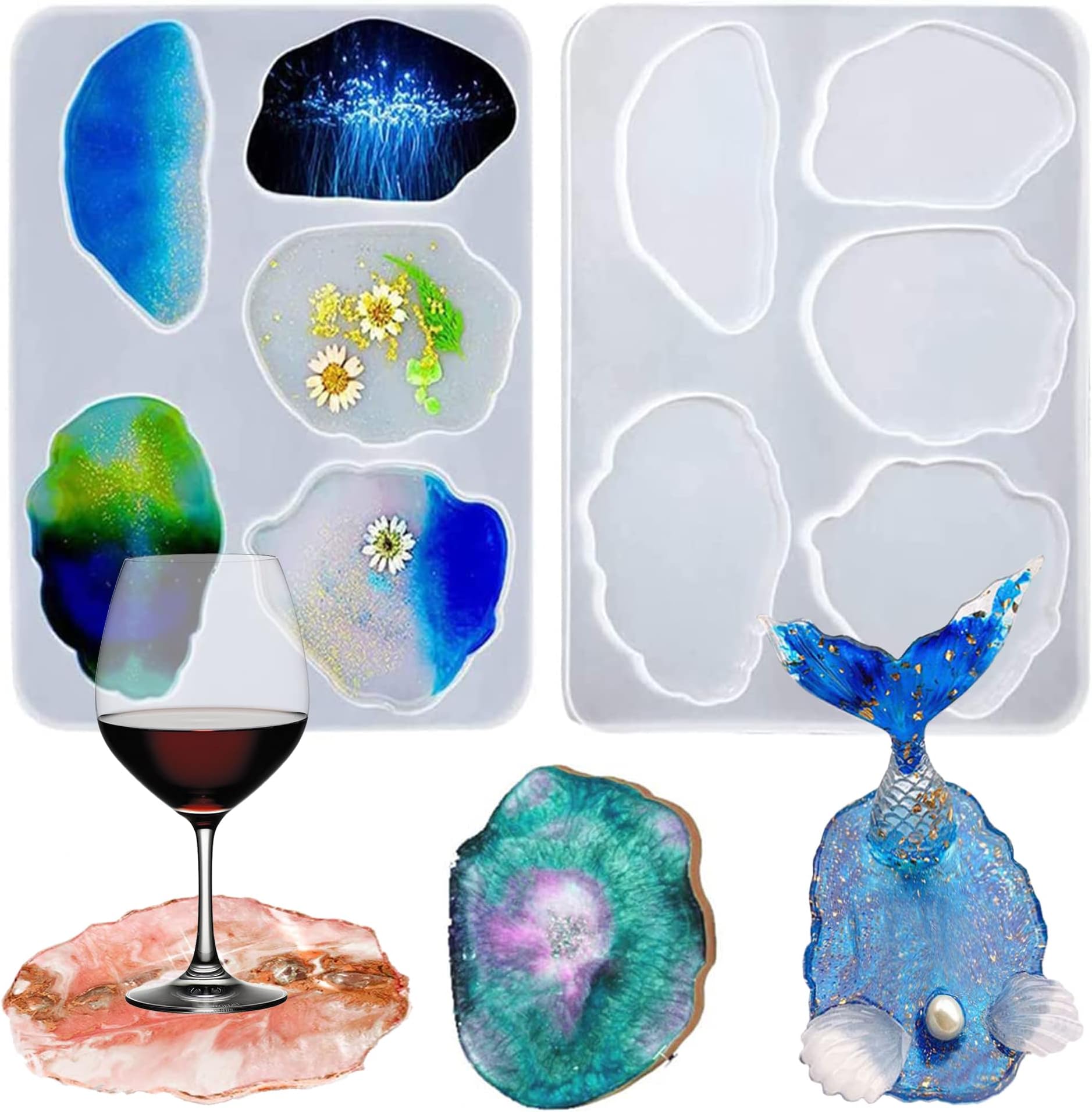 Resin Coaster Silicone Moulds, Silicone Moulds for Resin 3D Version Agate Epoxy Resin Molds Crystal Jewelry Irregular Cup Mat Making Mould DIY Art Craft Agate Home Decorations (5 Size)