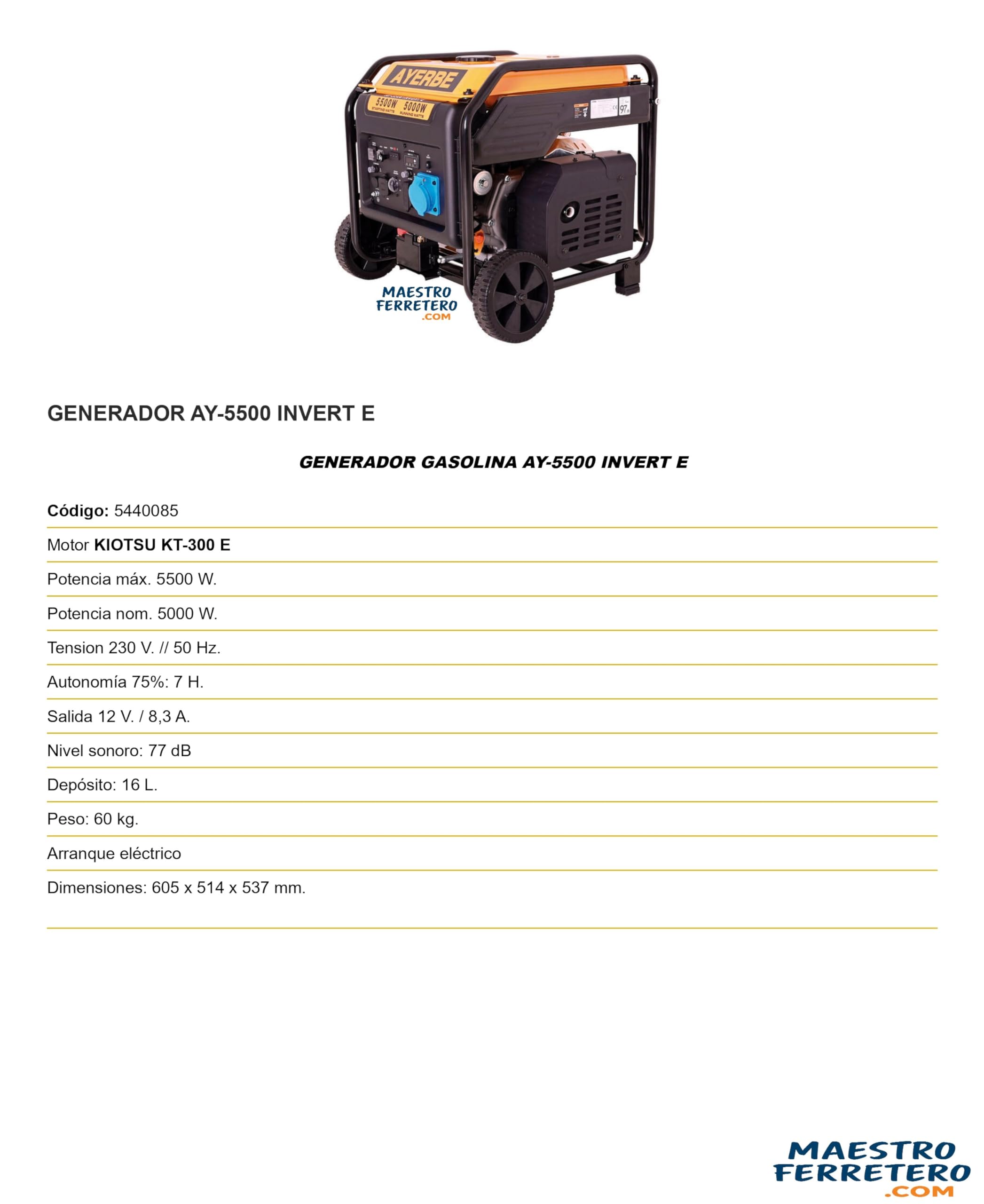 Generador inverter gasolina 5500 W con motor Kiotsu arranque eléctrico y salida 12 V