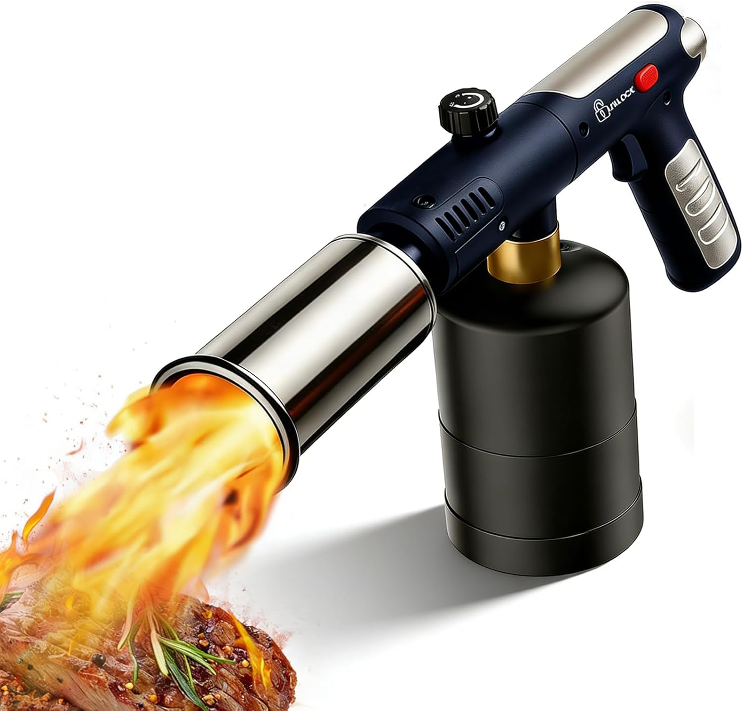 Propane Torch Gun with One-Touch Max Fire, Flame Thrower with Safety Lock, Searing Torch for Sous Vide, Cooking Torch for BBQ, Campfire Charcoal Soldering Blue(Propane Tank Not Included)