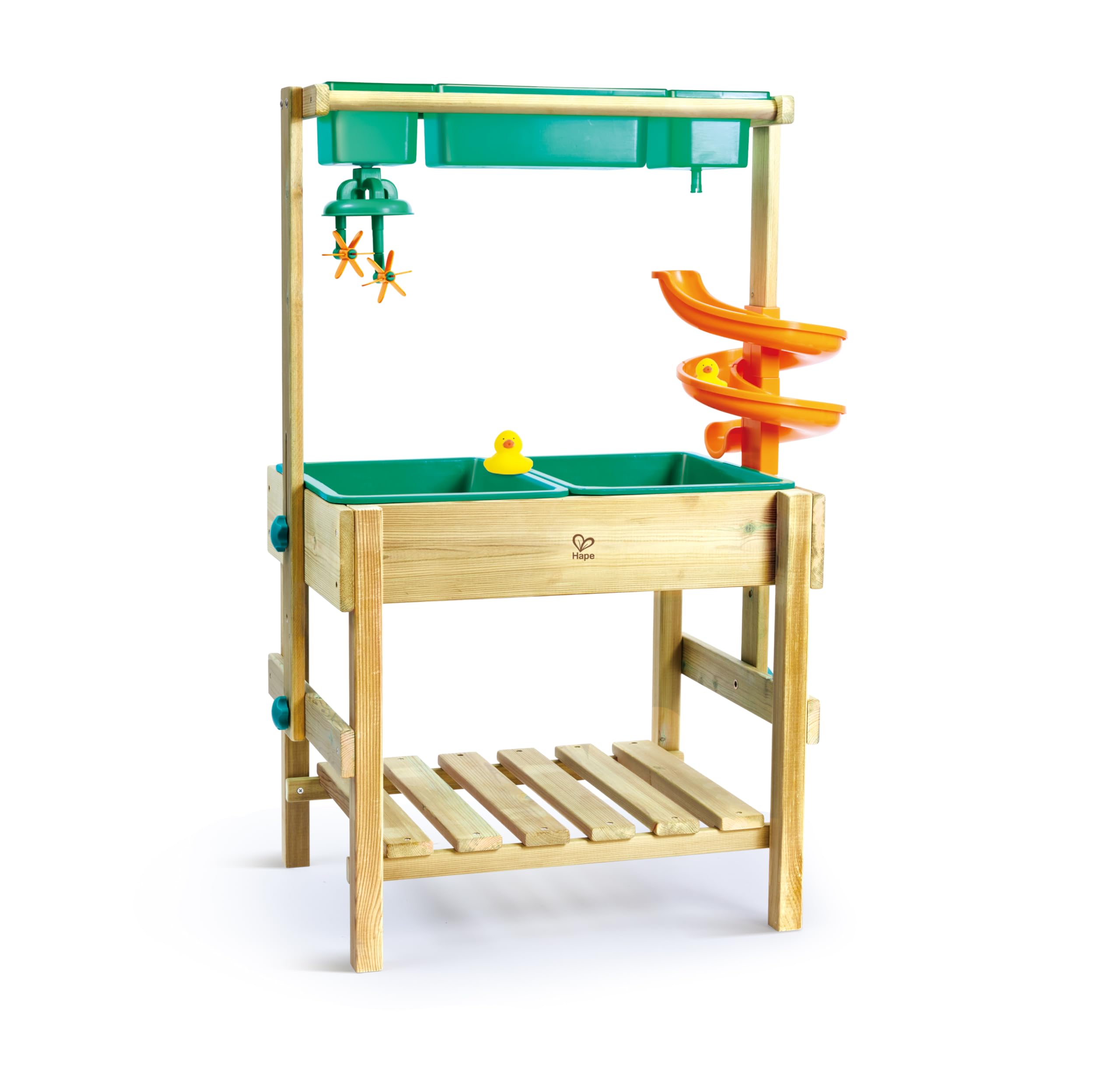 Two children playing with the Hape Multifunctional Outdoor Water Play Table, one pouring water into a spiral slide, the other observing.
