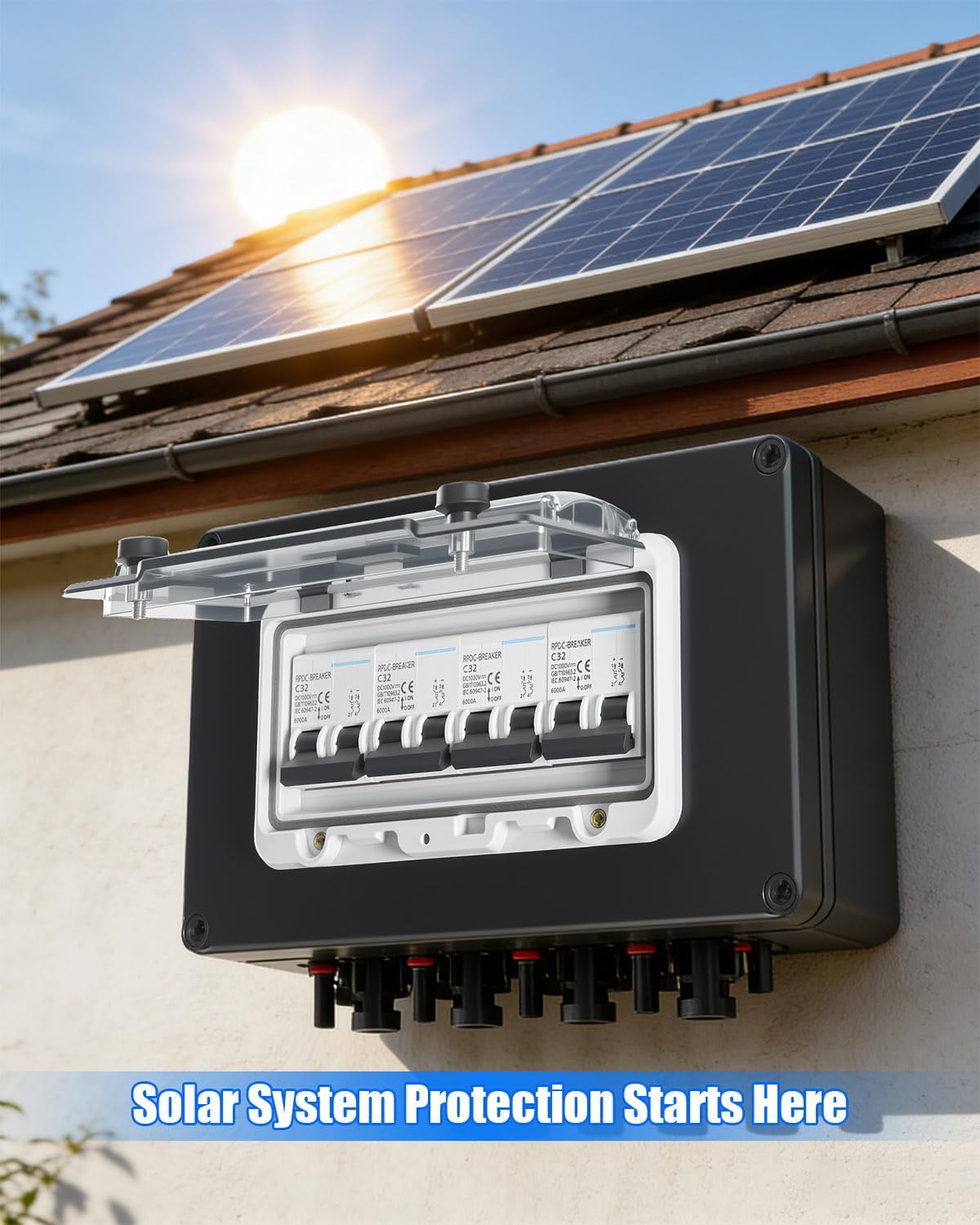 32A Solar DC Leistungsschalter Box 4 Strings, 12-1000V Solarpanel Trennschalter mit MC4 Steckern, IP67 Wasserdicht PV-Unterbrecher mit transparenter Abdeckung für Gitter/Off-Grid Systeme RV PV Array