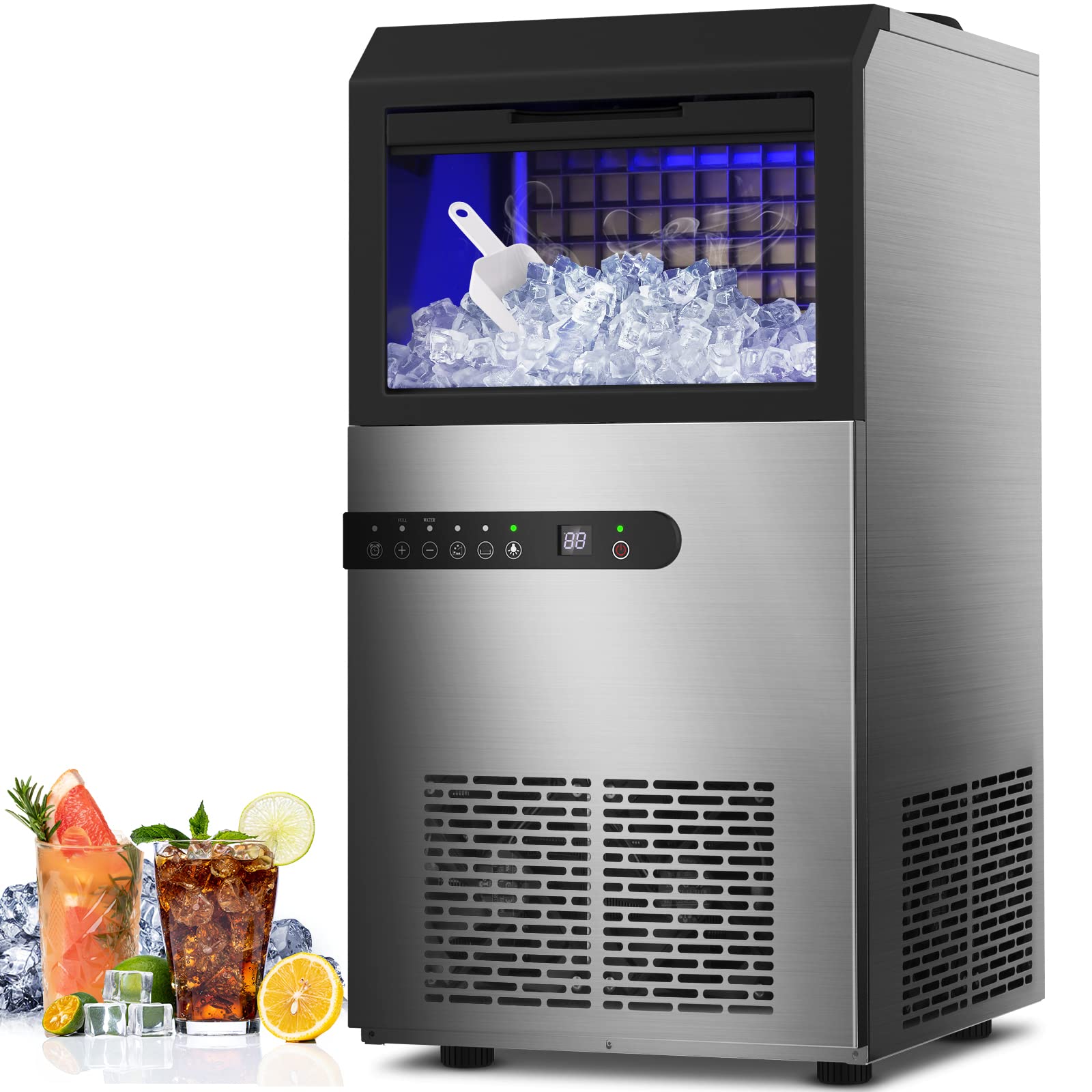 Commercial Ice Maker, 130LBS/24H, 60 Ice Cubes/Cycle Freestanding Under Counter Ice Machine w/Large Ice Bin, 2 Auto Water Inlet Modes, One Key Self Clean, 24H On/Off Timer for Home Party & Business