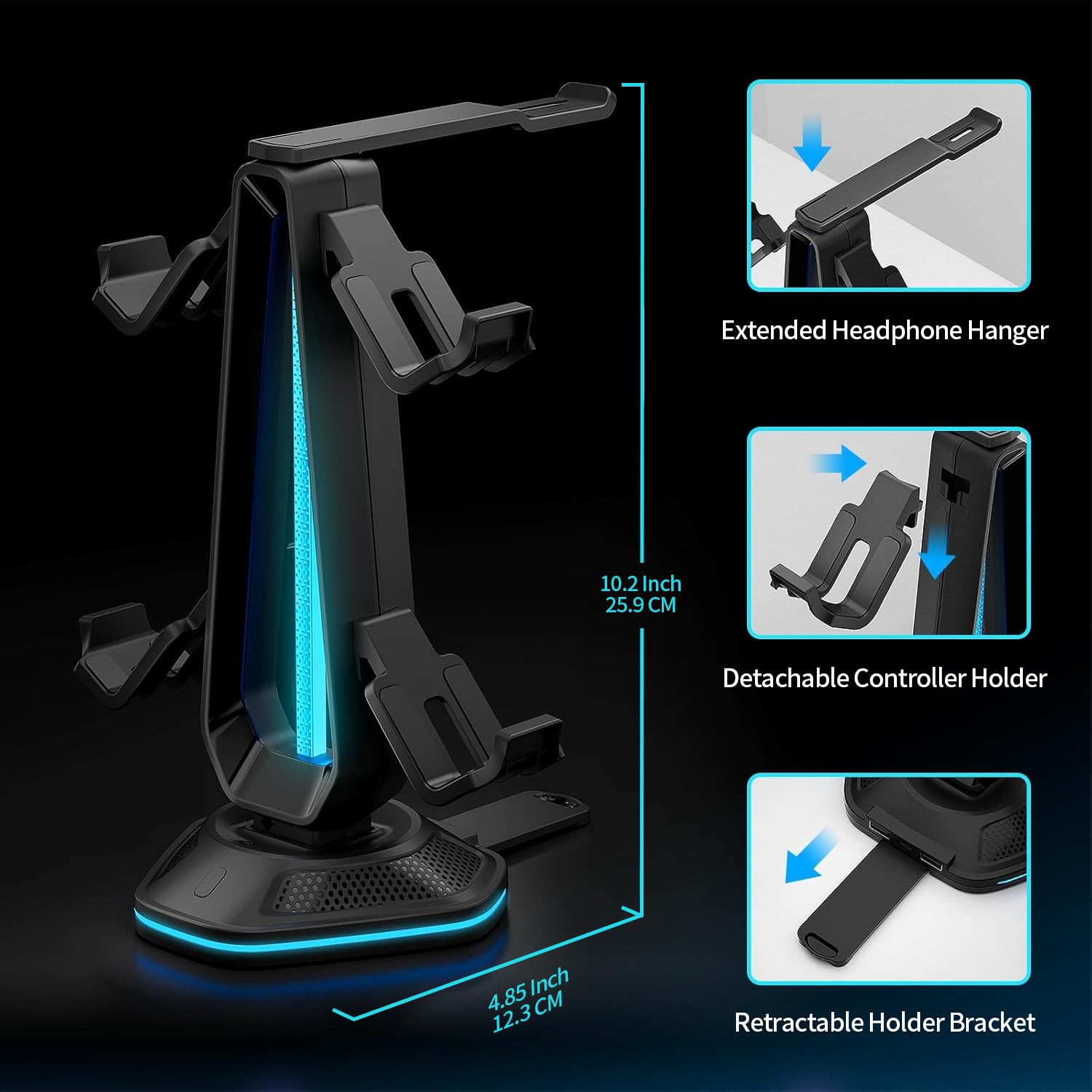 Soporte RGB para auriculares con 9 modos de luz y 2 puertos de carga USB, soporte de controlador para escritorio, soporte para auriculares y gancho de controlador desmontable para accesorios