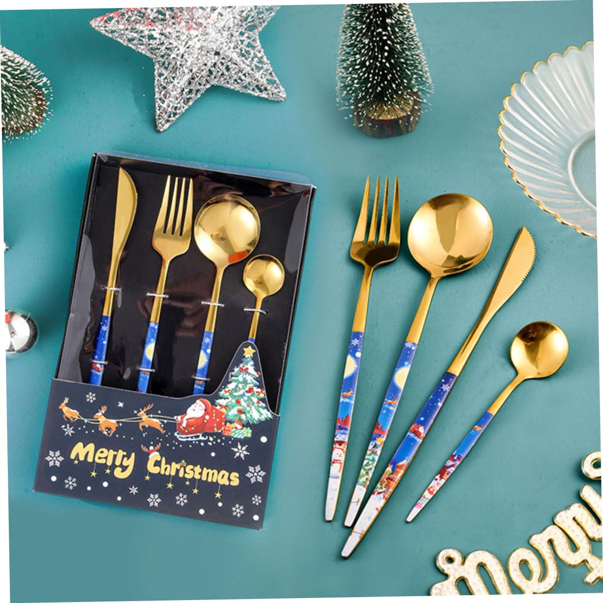 Alipis 4 Juegos De Cubiertos De Navidad Vajilla De Navidad Vajilla De Comida Tenedores De Cuchara De Navidad Cubiertos Suministros para Banquetes Kit De Cubiertos De Carne De Metal
