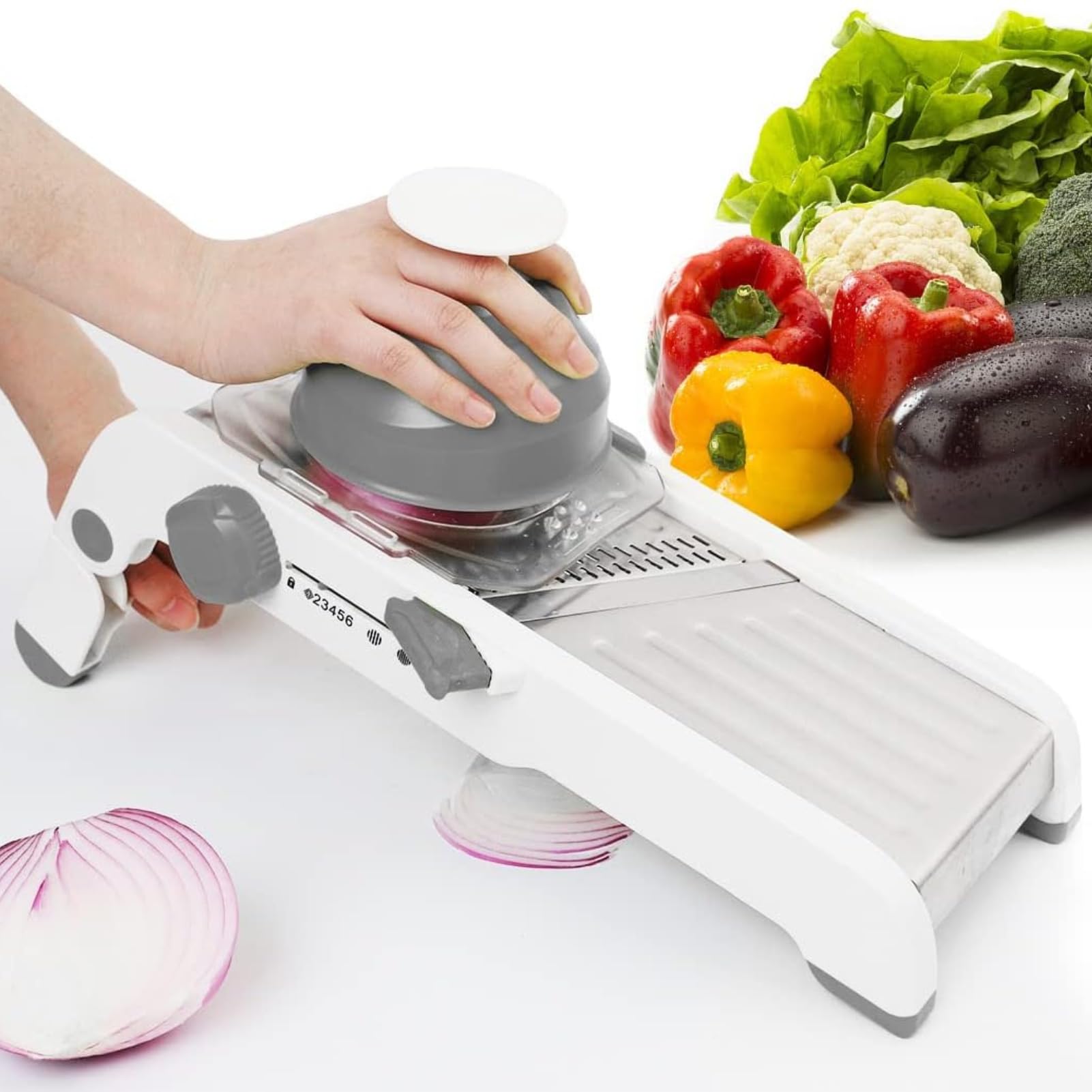 ZKIRON Cortador de mandolina grande para cocina, cortador profesional de cebolla y trituradora de repollo, hoja 2 en 1 integrada para gofres y cortes suaves, protector de mano de seguridad incluido