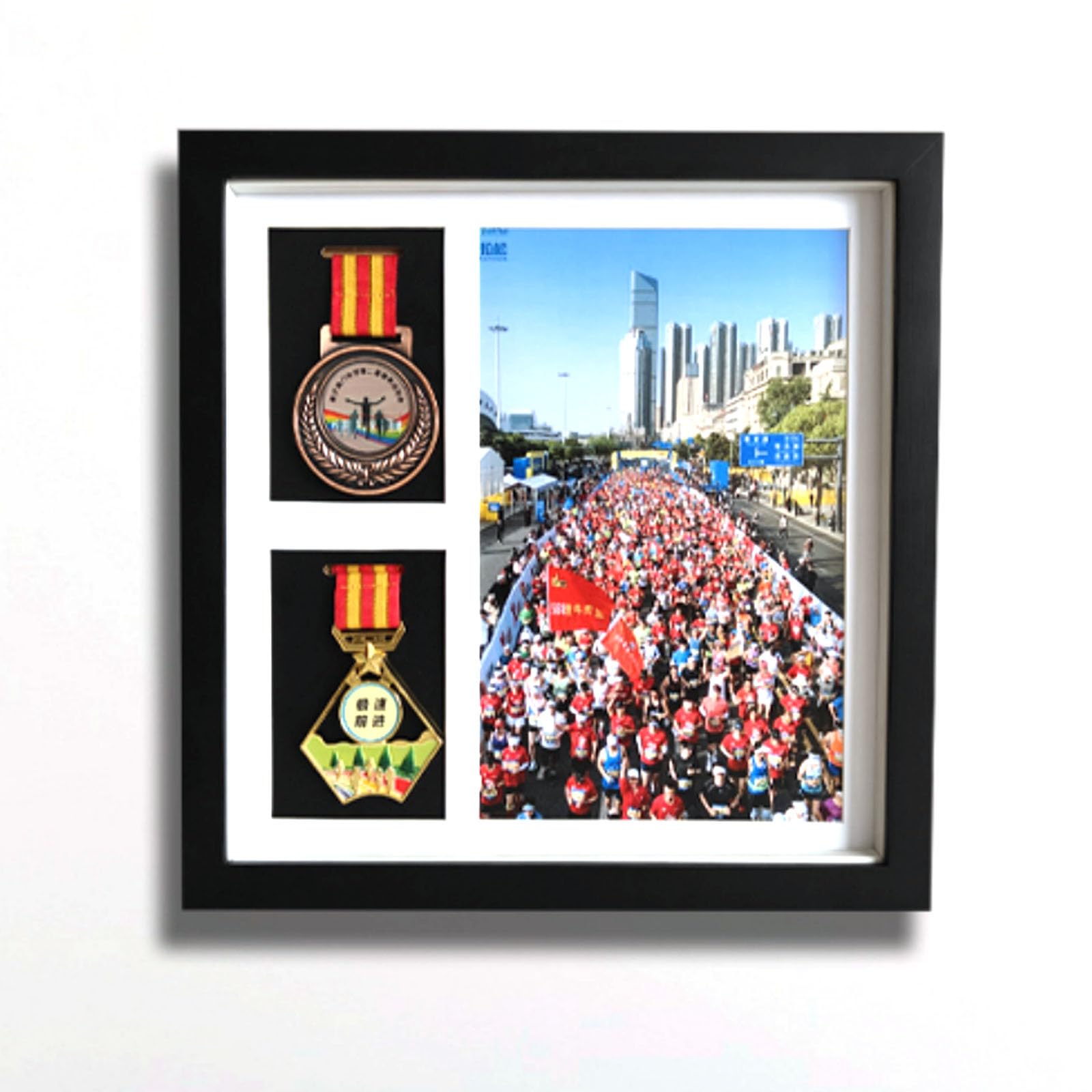 Marathon Medal Display Frame,Wood Medals Shadow Box Frame Display,2 Medals  & Photo Frame Display,for Marathon,Runners,Blue Ball,Swim,All Military ...