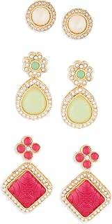 Zaveri Pearls Combo of 3 Rani Pink & Green Stones Embellished Minimal Studs & Drop Earrings For Women-ZPFK18901 Price In India