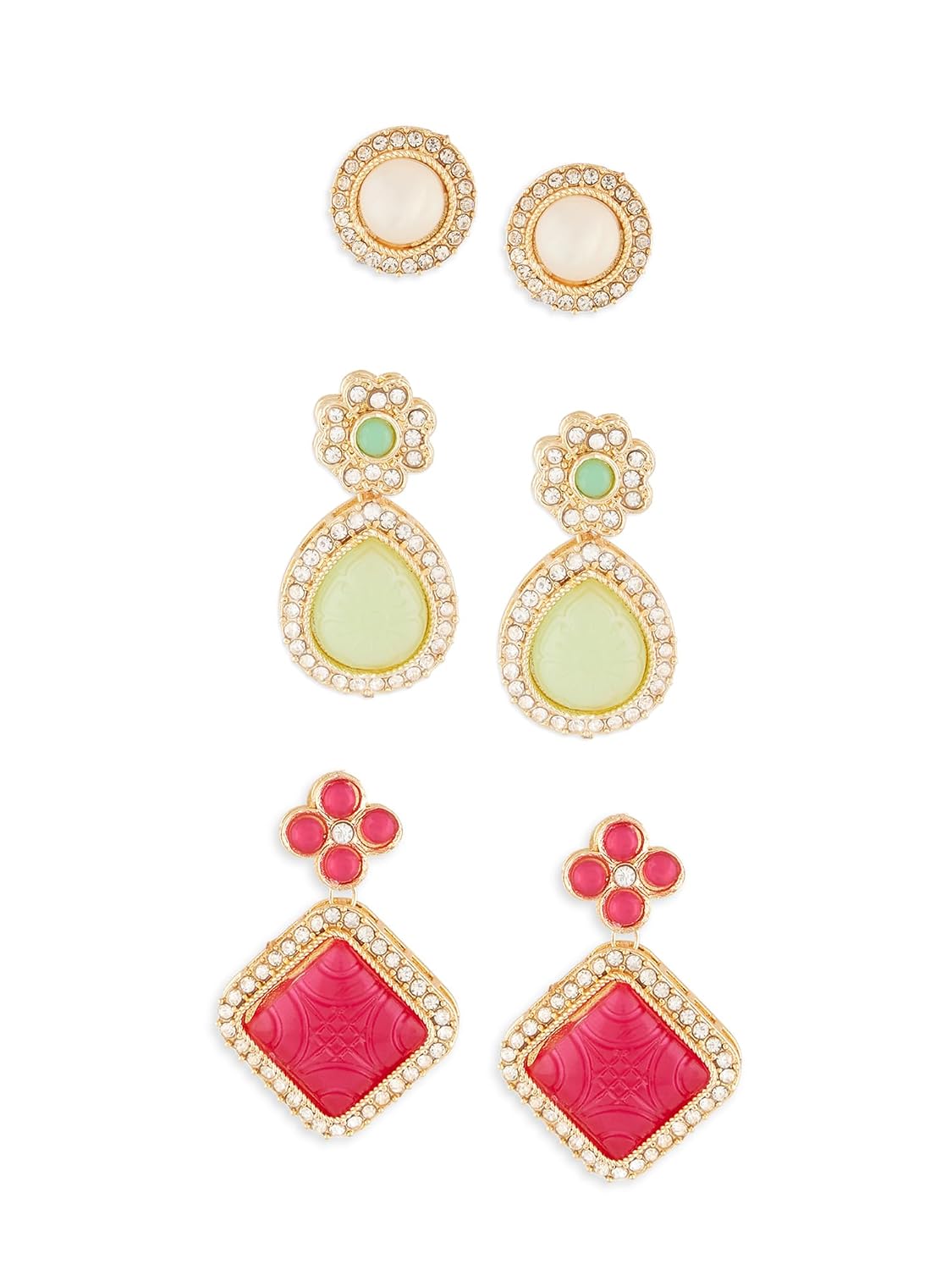 Zaveri Pearls Combo of 3 Rani Pink & Green Stones Embellished Minimal Studs & Drop Earrings For Women-ZPFK18901 - Review, Price and Buying Guide
