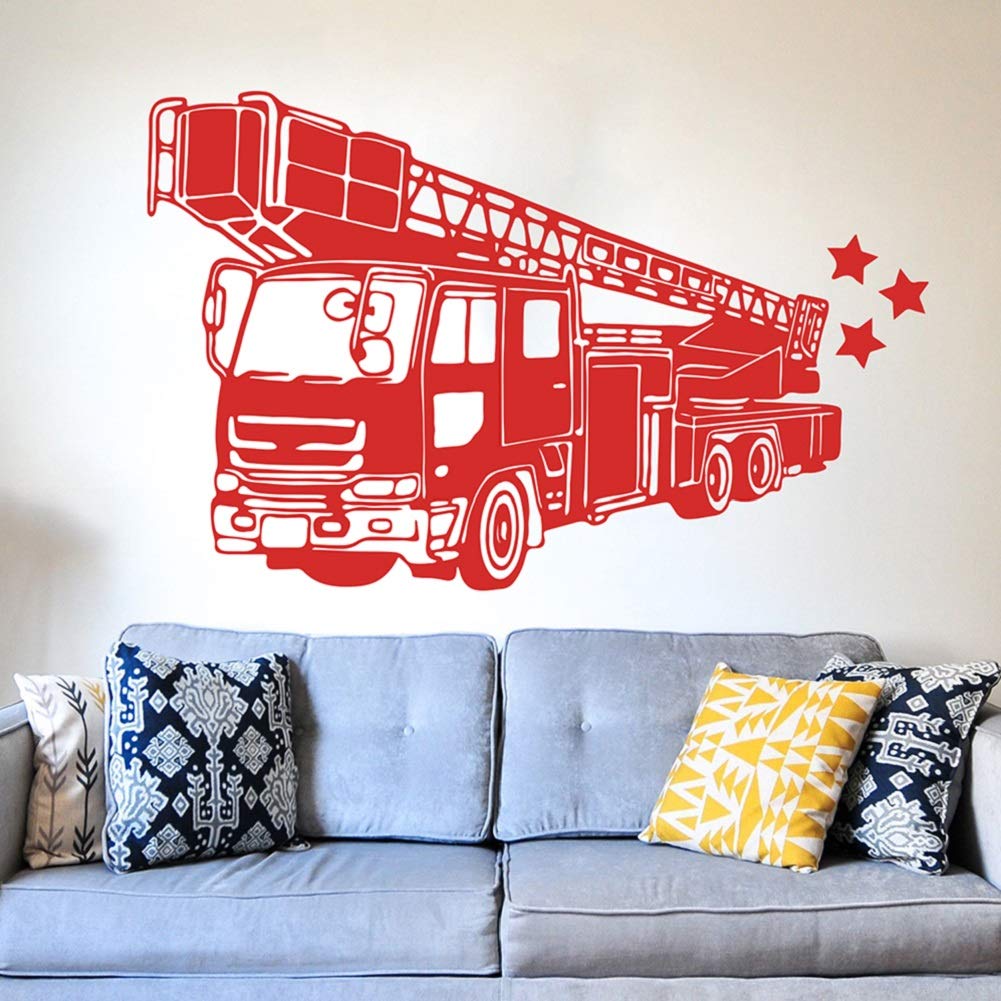 ch.kwok Waterproof and Removable Vinyl PVC Wall Sticker Fire Truck Firefighter Wall Art Mural Paper for Boys Room Kids Room Decoration (red)