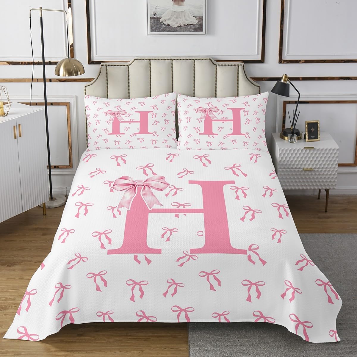 Erosebridal Kawaii Ribbon Bow Quilt Set Queen Size Girly Initial H Bowknot Bedspread Set for Kids Girls WomenRomantic Letter Bow Knot Bedspread Sets Dreamy Pink Princess Coverlet Set