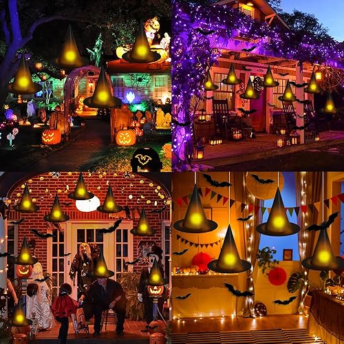 Miniatura 5 de YUJUN 24 sombreros de bruja colgantes de Halloween, sombreros de bruja negros iluminados con murciélagos 3D, decoración para interiores y