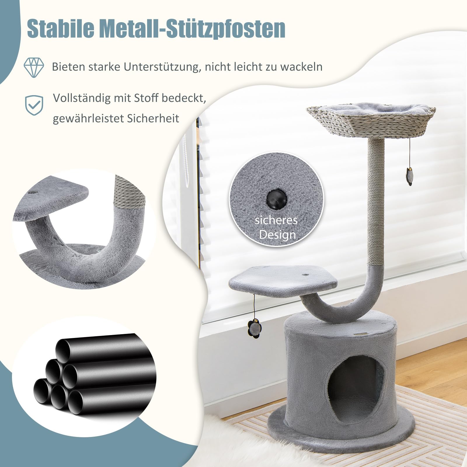 COSTWAY Drapak, wysokość 106 cm, drzewko dla kota z jaskinią dla kota i 2 powierzchnią do leżenia i 2 piłkami, drzewko do wspinaczki z zakrzywioną metalową ramą, drapak dla kota, drewniany drapak dla