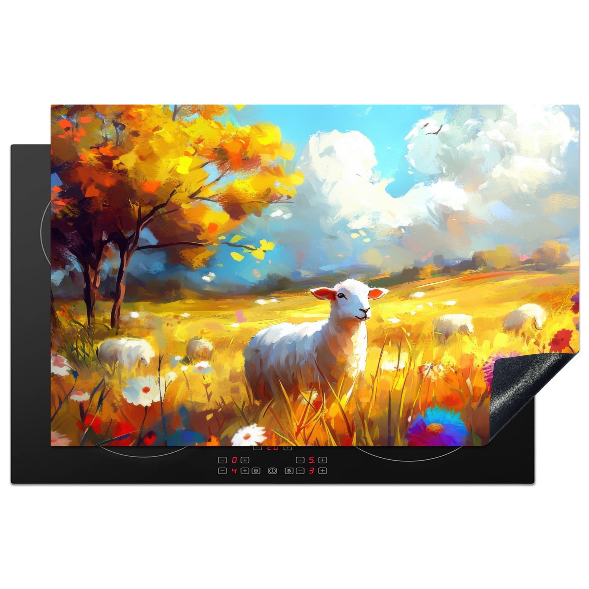 KitchenYeah© Induction Hob Protector Mat 20.8"x32.1" / 81.6x52.7 cm Cooker Top Protectors Cover Ceramic Covers Electric Hobs Vinyl Sheep - Meadow - Flowers