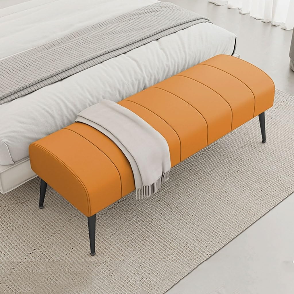 Nowoczesna Ławka Na Koniec Łóżka,podnóżek Do Sofy W Salonie, Ławka Na Buty Do Przedpokoju Skórzana Tapicerka Zakrzywione Siedzisko Z Solidnymi Nogami(Orange,120cm)