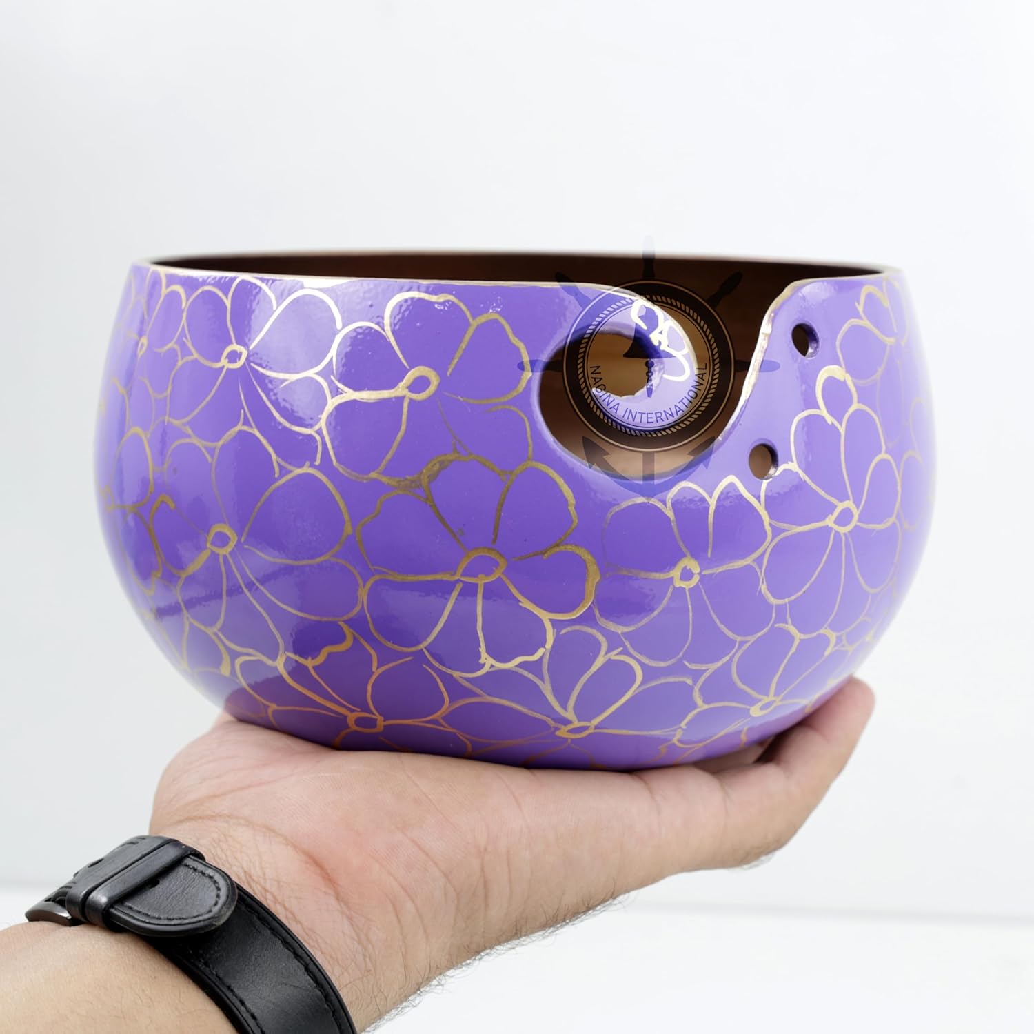 Aluminum Metal Yarn Bowls With Printed Surface Designs & Smooth Spiral Curls | Storage For Skeins Hanks & Balls | Knitting, Craft & Crochet Accessories | Gifts Ideas (Floral Purple Bloom) [B0D2V1NV62]