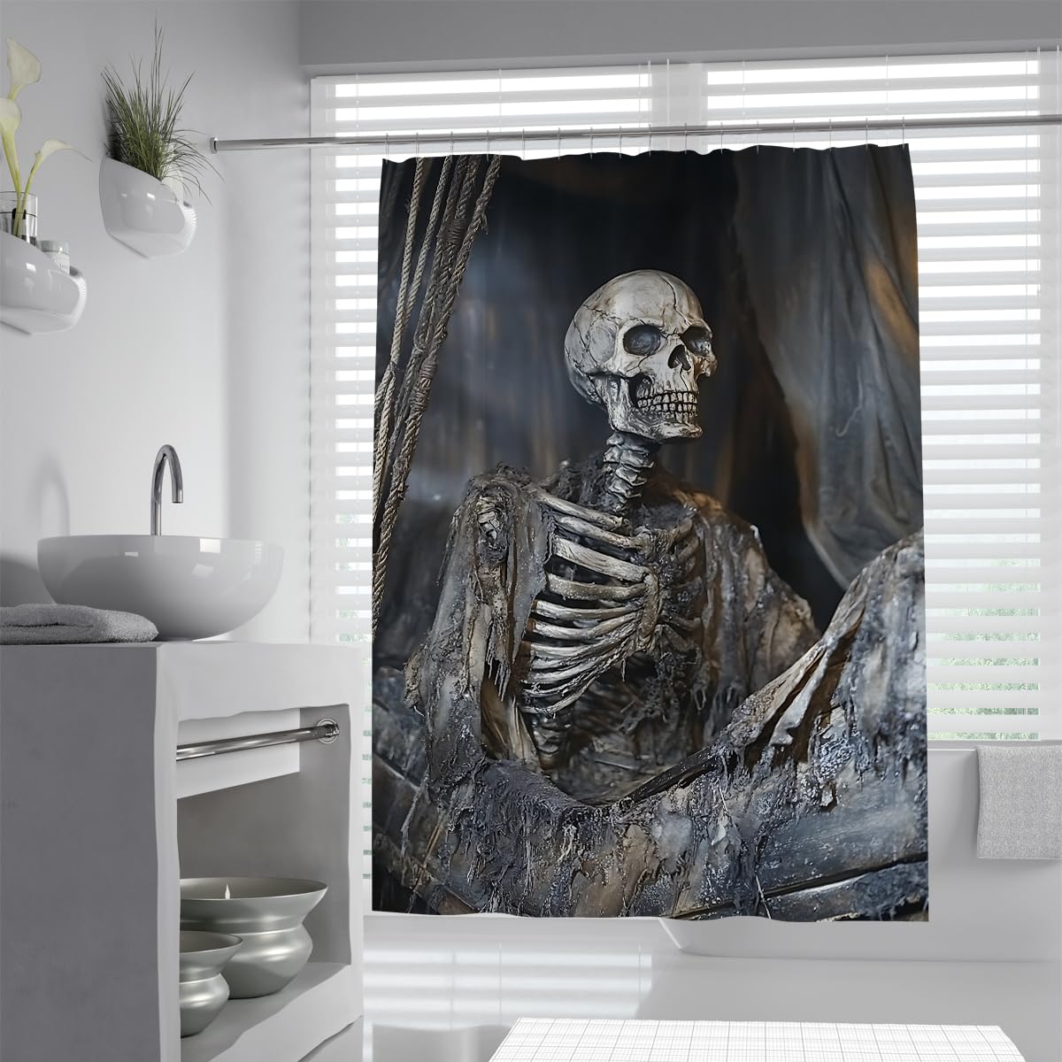 UIRINGART Halloween Skeleton Shower Curtain W90xL180cm Spooky Gothic Pirate Skull Anti Mould Mildew Resistant Waterproof Fabric Bathroom Curtain with Hooks