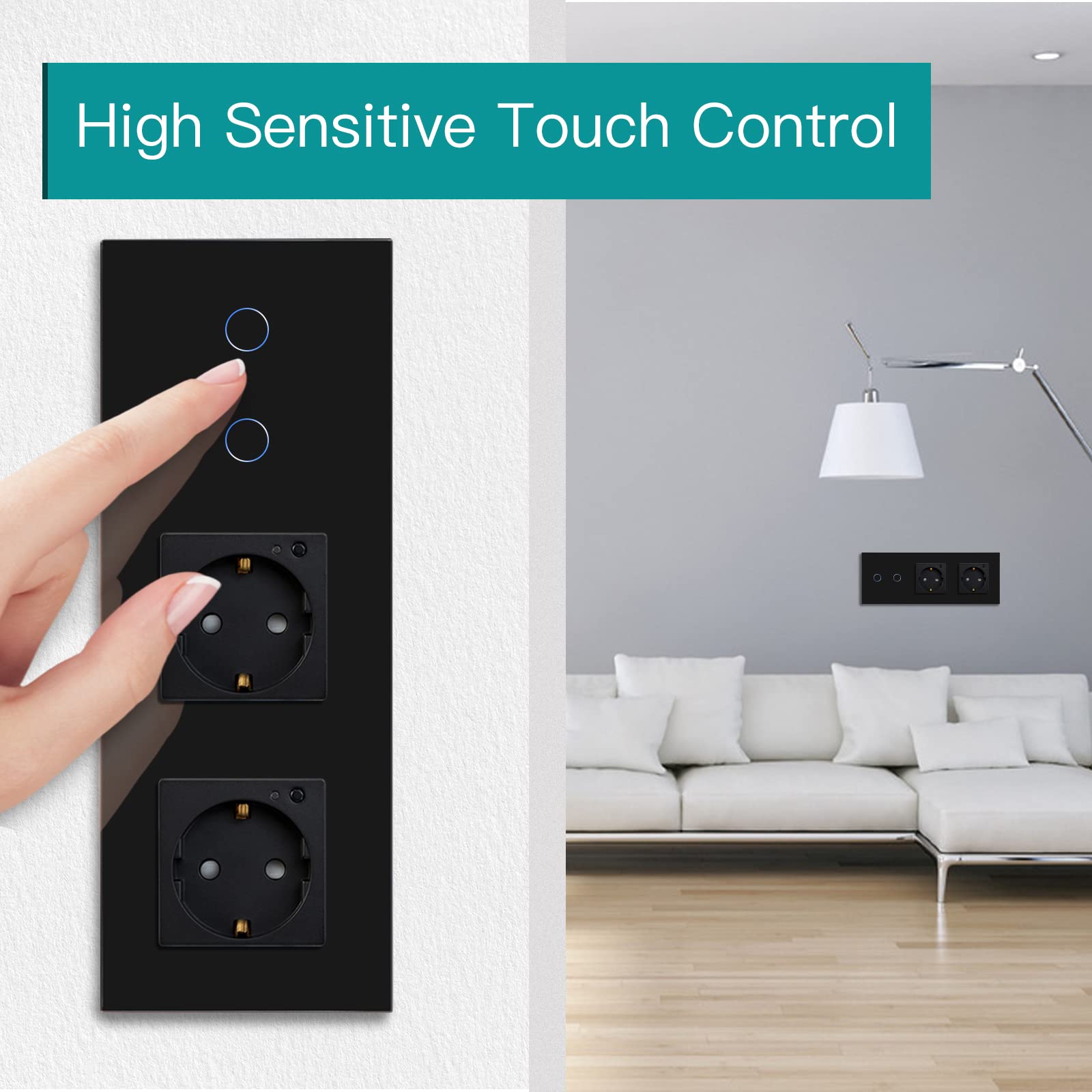 BSEED Interruttore della luce Smart Touch Alexa, con doppia presa WiFi, 2 vie, 1 via (neutro richiesto), lavoro con Tuya Alexa/Google Home, nero
