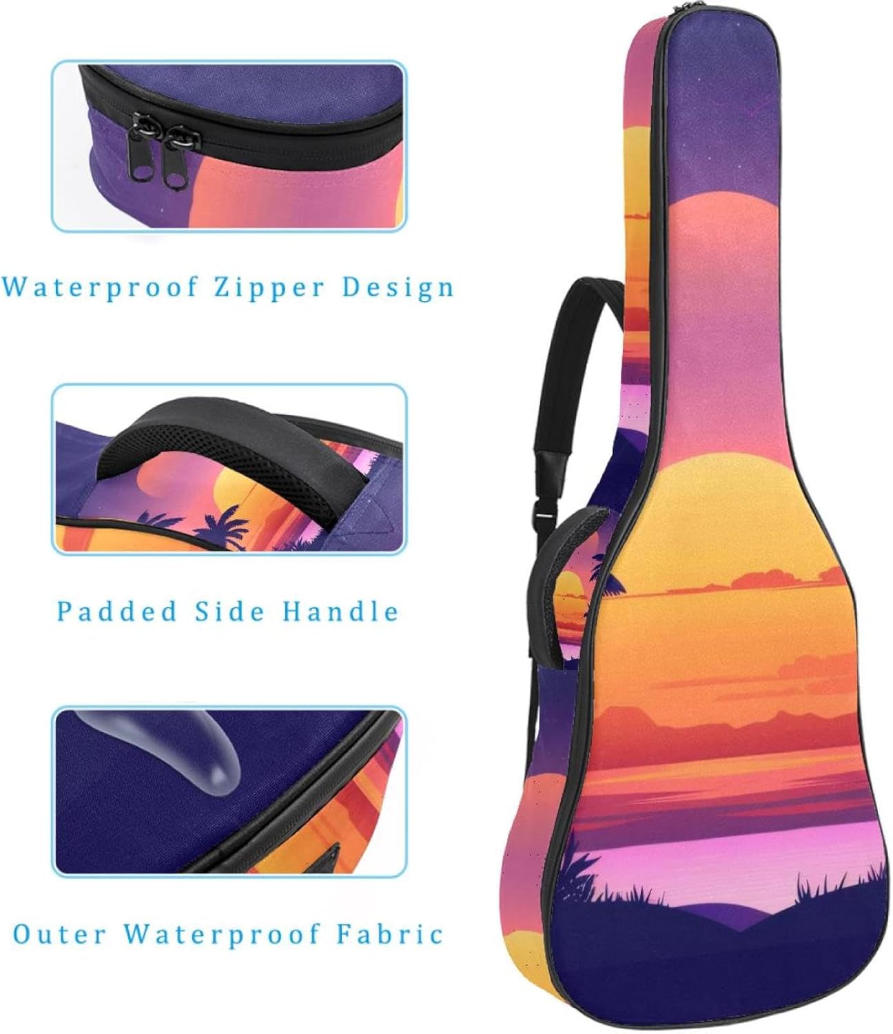 Acoustic Guitar Gig Bag 1 cm Thick Padding, Waterproof Electric Guitar Bag 40-42 Inch Guitar Case Backpack with Dual Shoulder Strap, Landscape Sunset with the Palms Trees