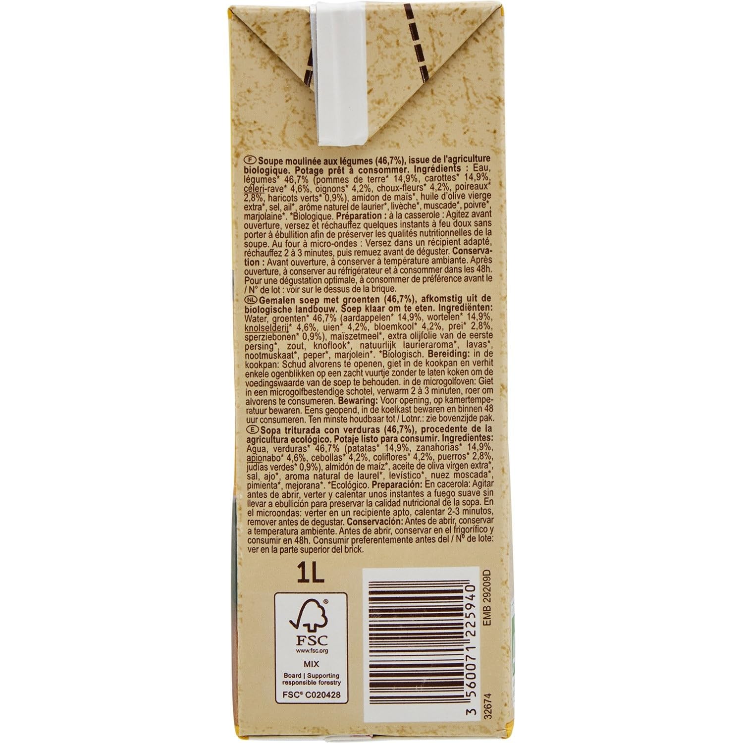 Repas pratique et savoureux avec la soupe mouliné légumes bio Carrefour Bio, format 1L - Lot de 4