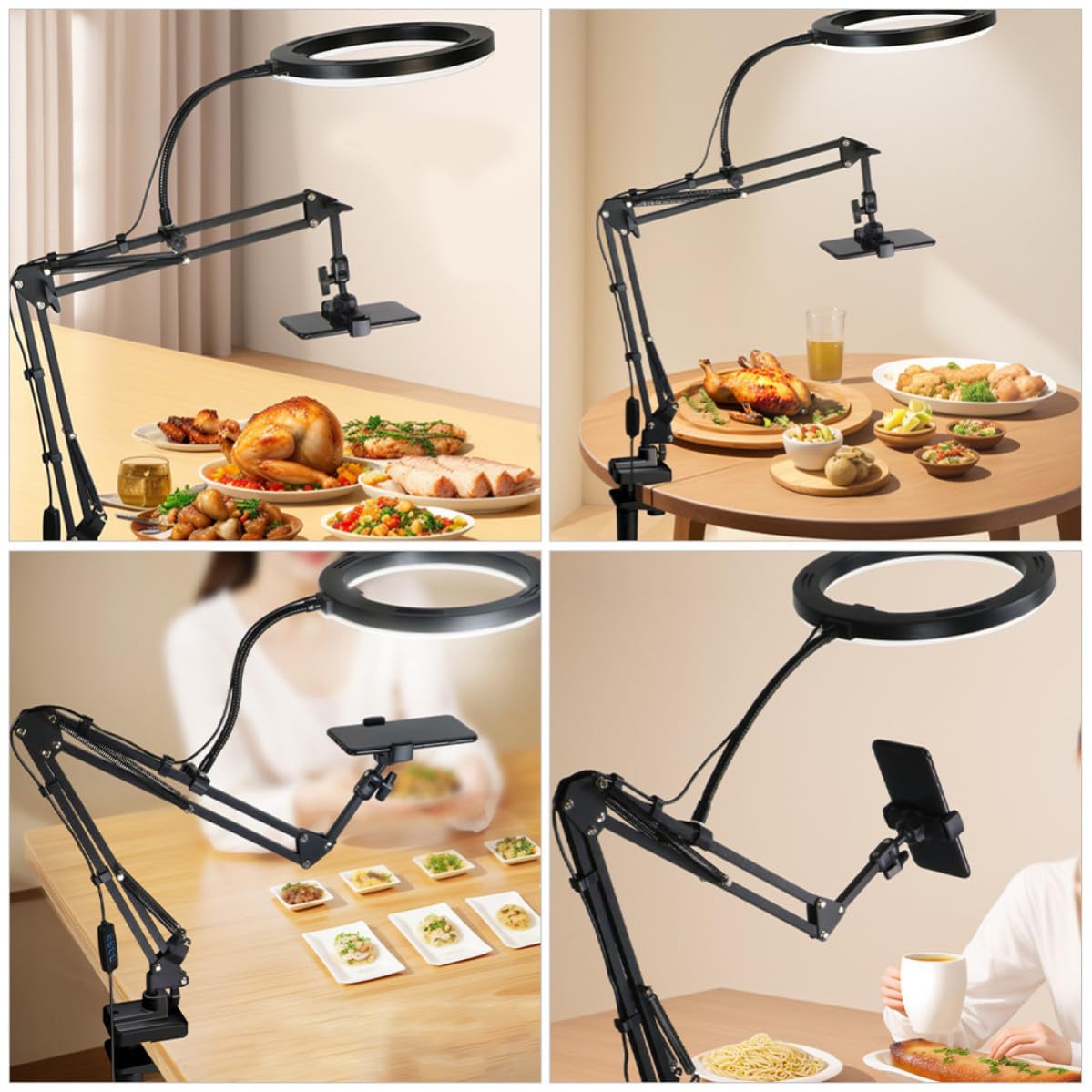 Soporte para Teléfono Móvil Ajustable con Luz USB para Escritorio Negro