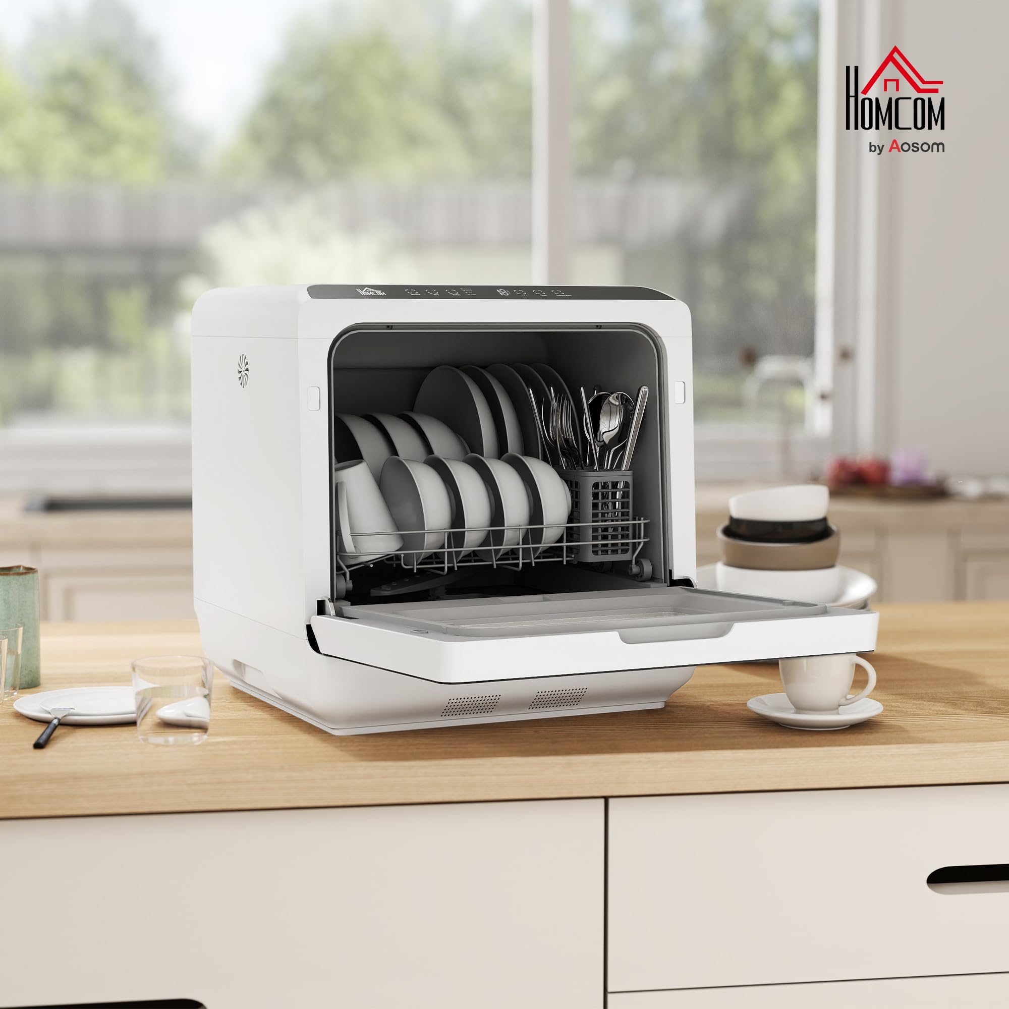 HOMCOM Mini lave-vaisselle compact 4 couverts, lave-vaisselle de table avec 6 programmes, réservoir 6L, écran LED, double alimentation en eau, commande tactile, départ différé et séchage à l'air blanc