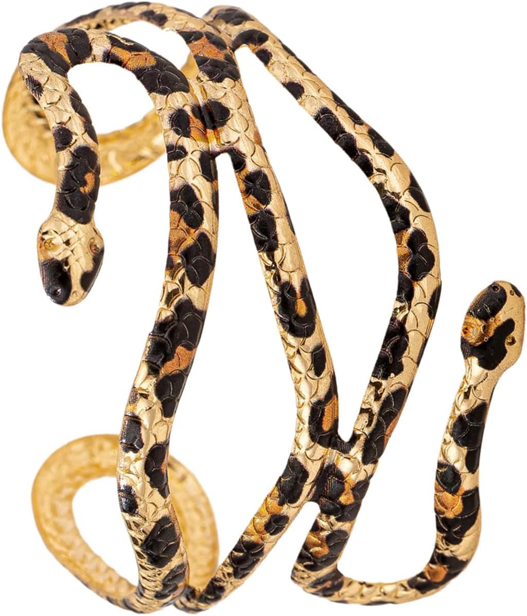 Stylish Snake Shaped Alloy Cuff Adjustable Leopard Print Opening Bangle Evening Wear Jewelry Festival Accessory Party Wear Bangle