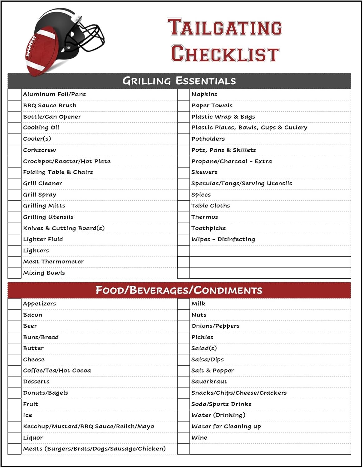 Laminated Tailgating Packing Essentials Checklist