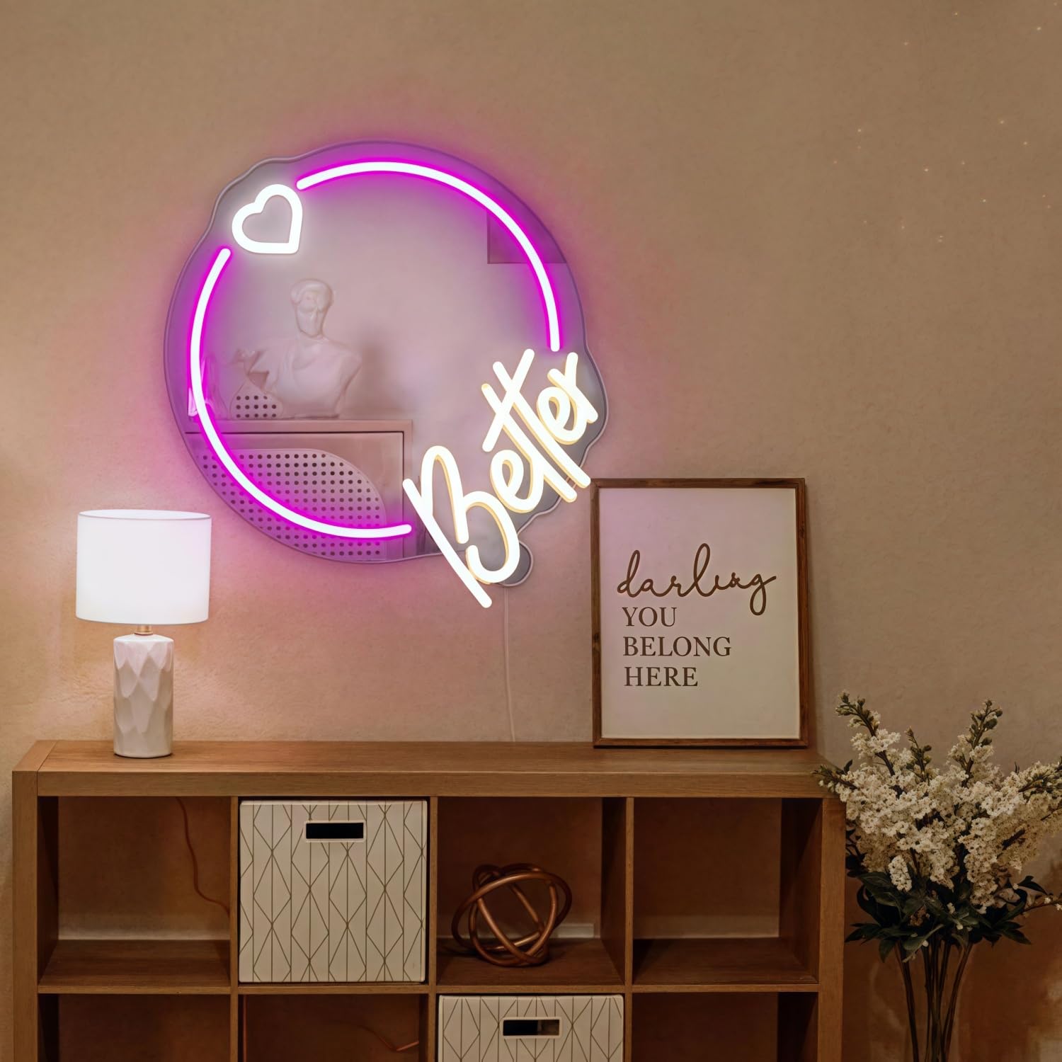 Maimeili LED Mirror Neon Lights Dressing Up Mirror Cat/Shine Heart/Bat/Butterfly Shape Neon Signs Modern Home Girl Room Bathroom Salon Wall Art Decor Gift For Girlfriend USB Powered